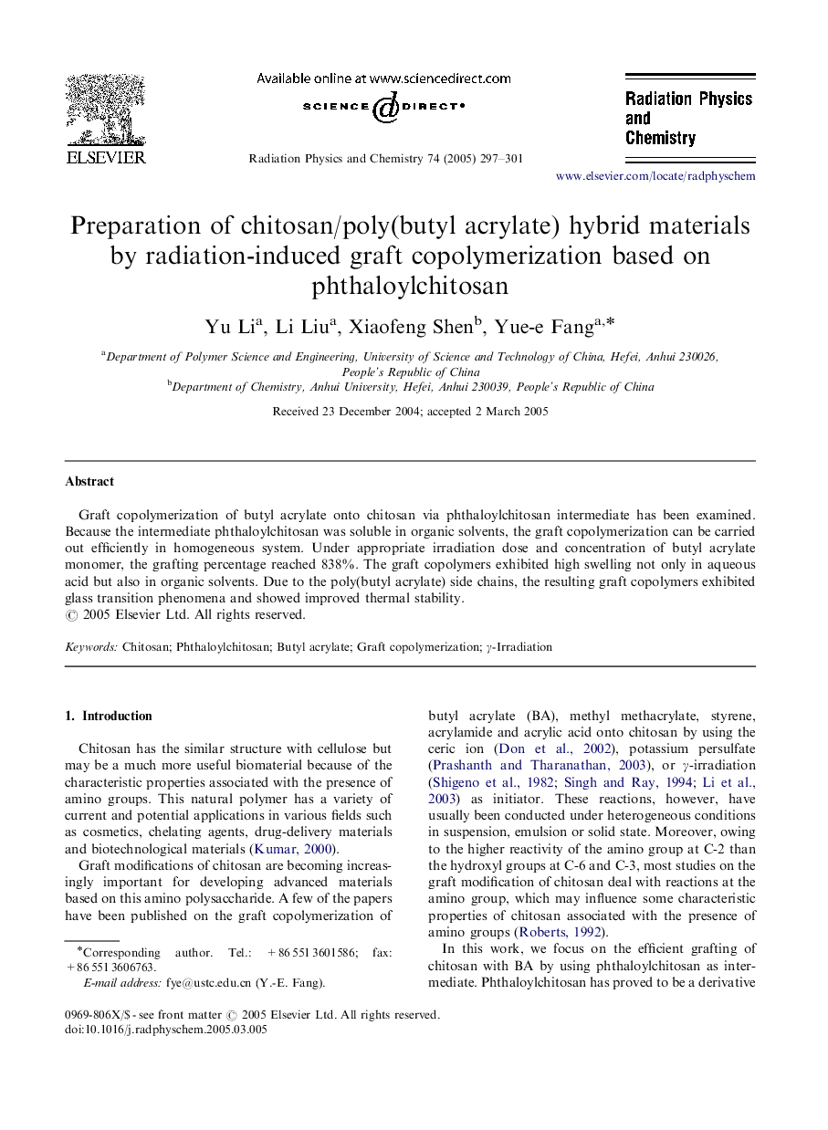 Preparation of chitosan/poly(butyl acrylate) hybrid materials by radiation-induced graft copolymerization based on phthaloylchitosan