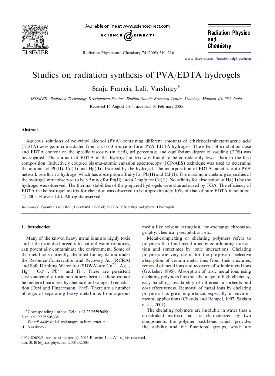 Studies on radiation synthesis of PVA/EDTA hydrogels