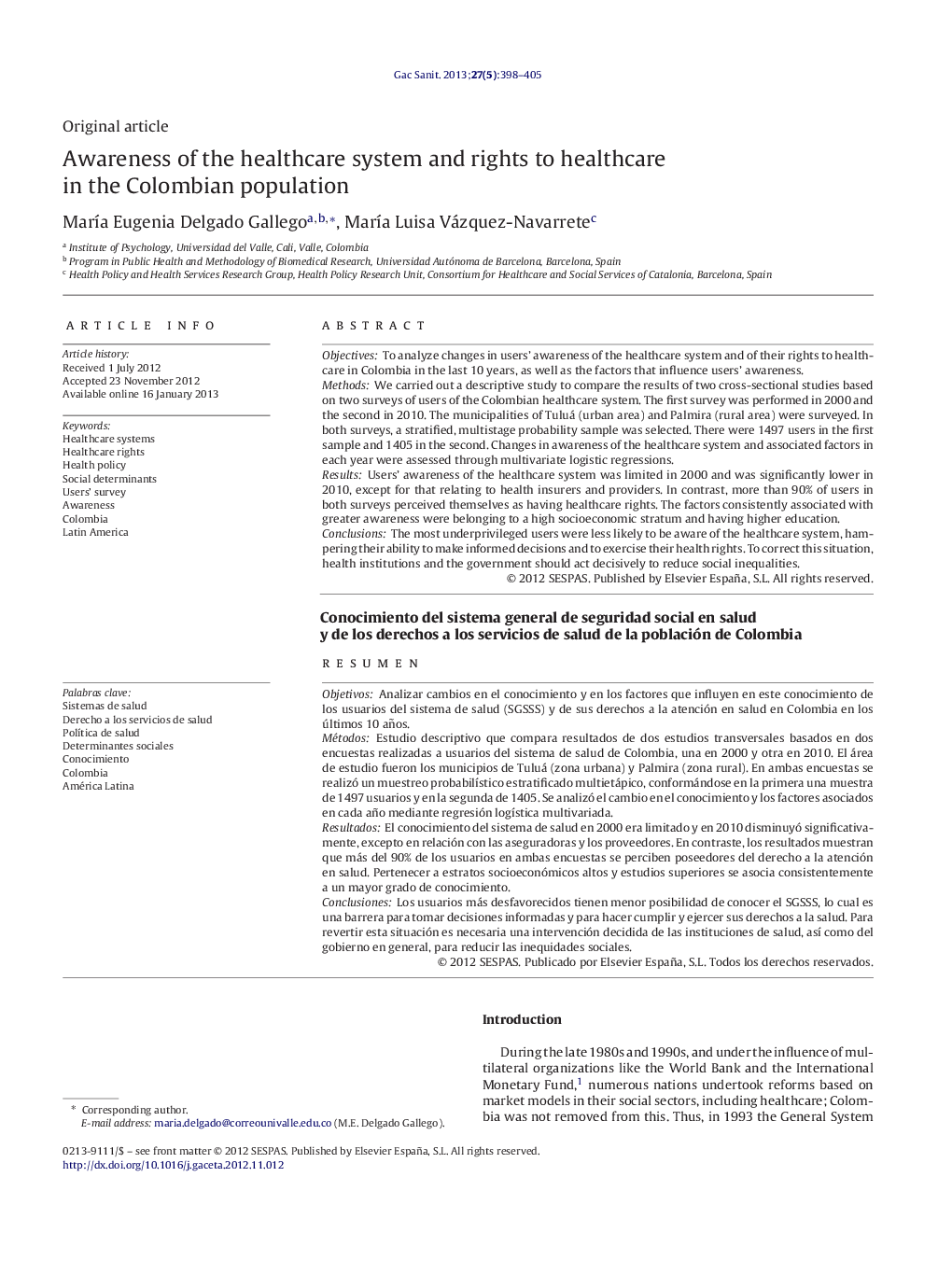 Awareness of the healthcare system and rights to healthcare in the Colombian population