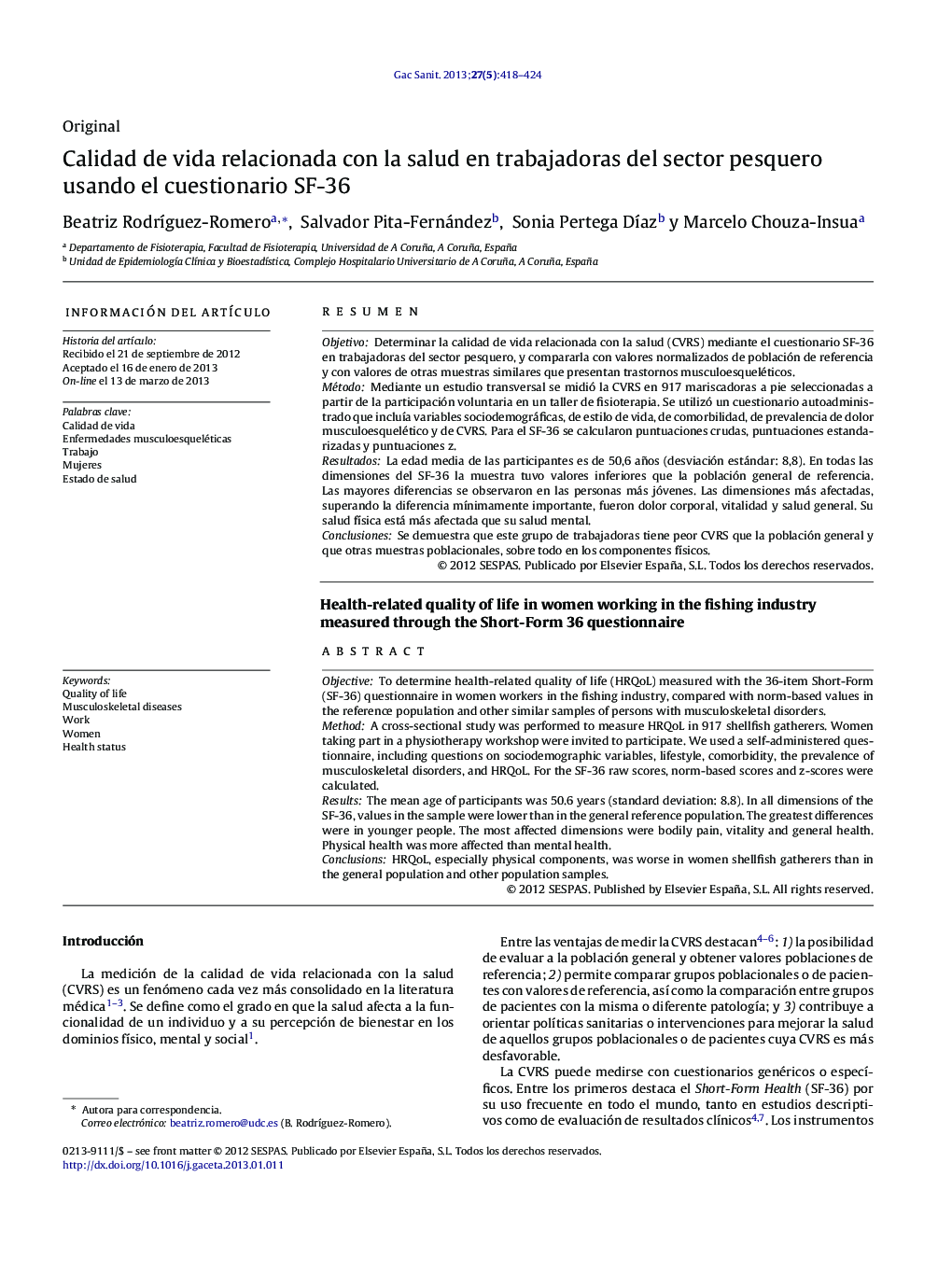Calidad de vida relacionada con la salud en trabajadoras del sector pesquero usando el cuestionario SF-36