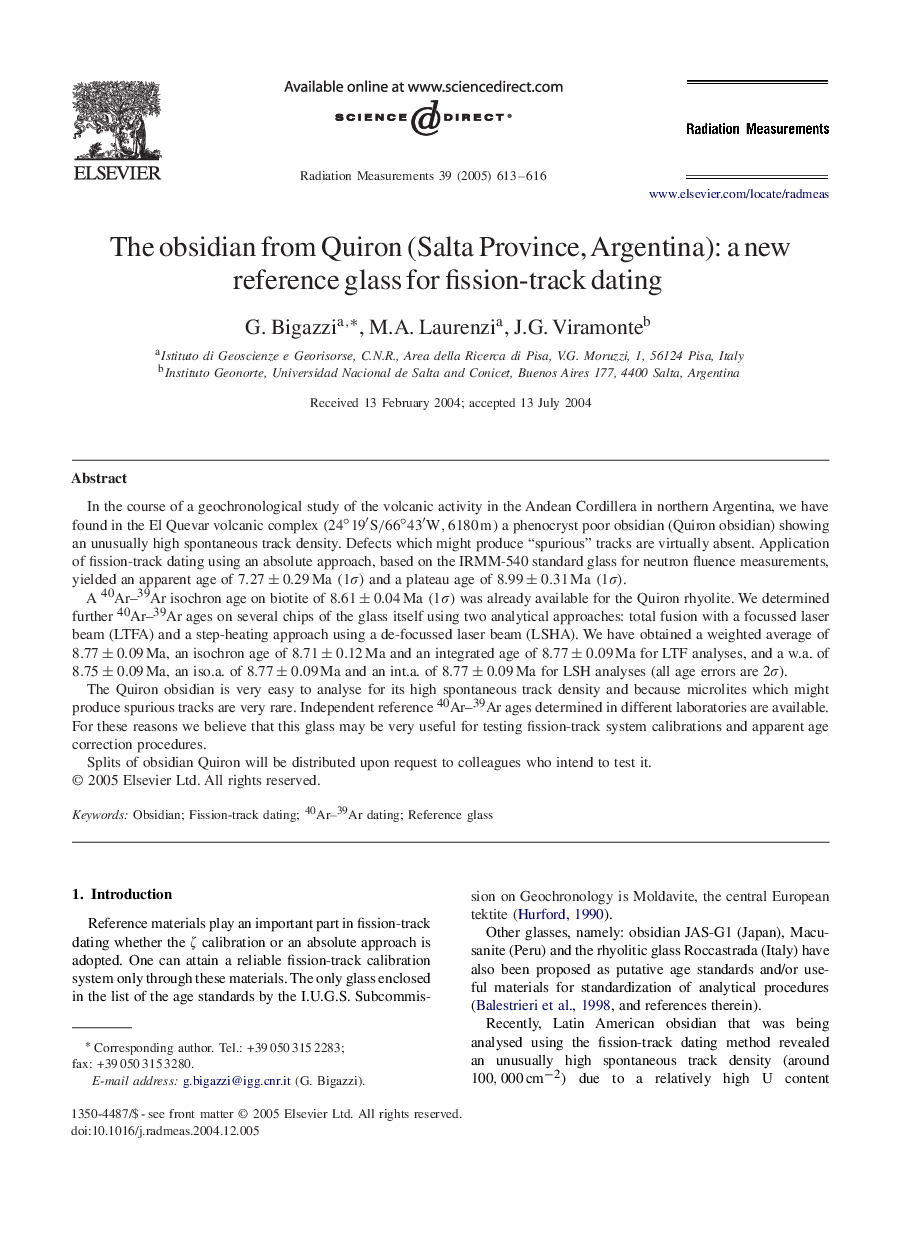 The obsidian from Quiron (Salta Province, Argentina): a new reference glass for fission-track dating