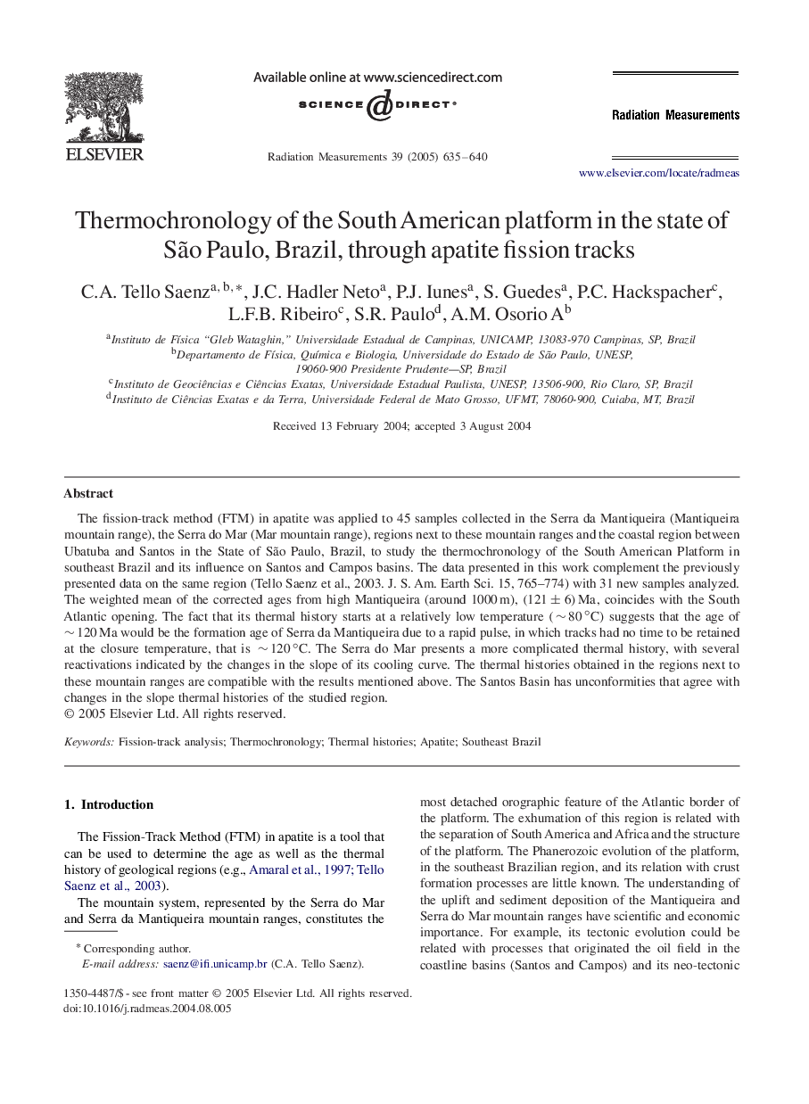 Thermochronology of the South American platform in the state of SÃ£o Paulo, Brazil, through apatite fission tracks