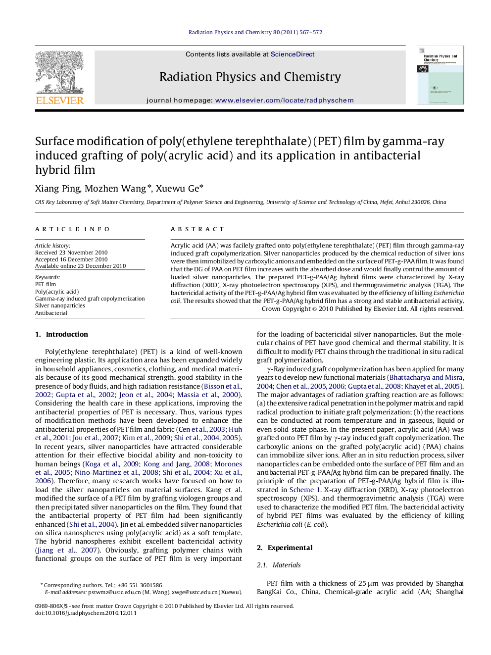 Surface modification of poly(ethylene terephthalate) (PET) film by gamma-ray induced grafting of poly(acrylic acid) and its application in antibacterial hybrid film