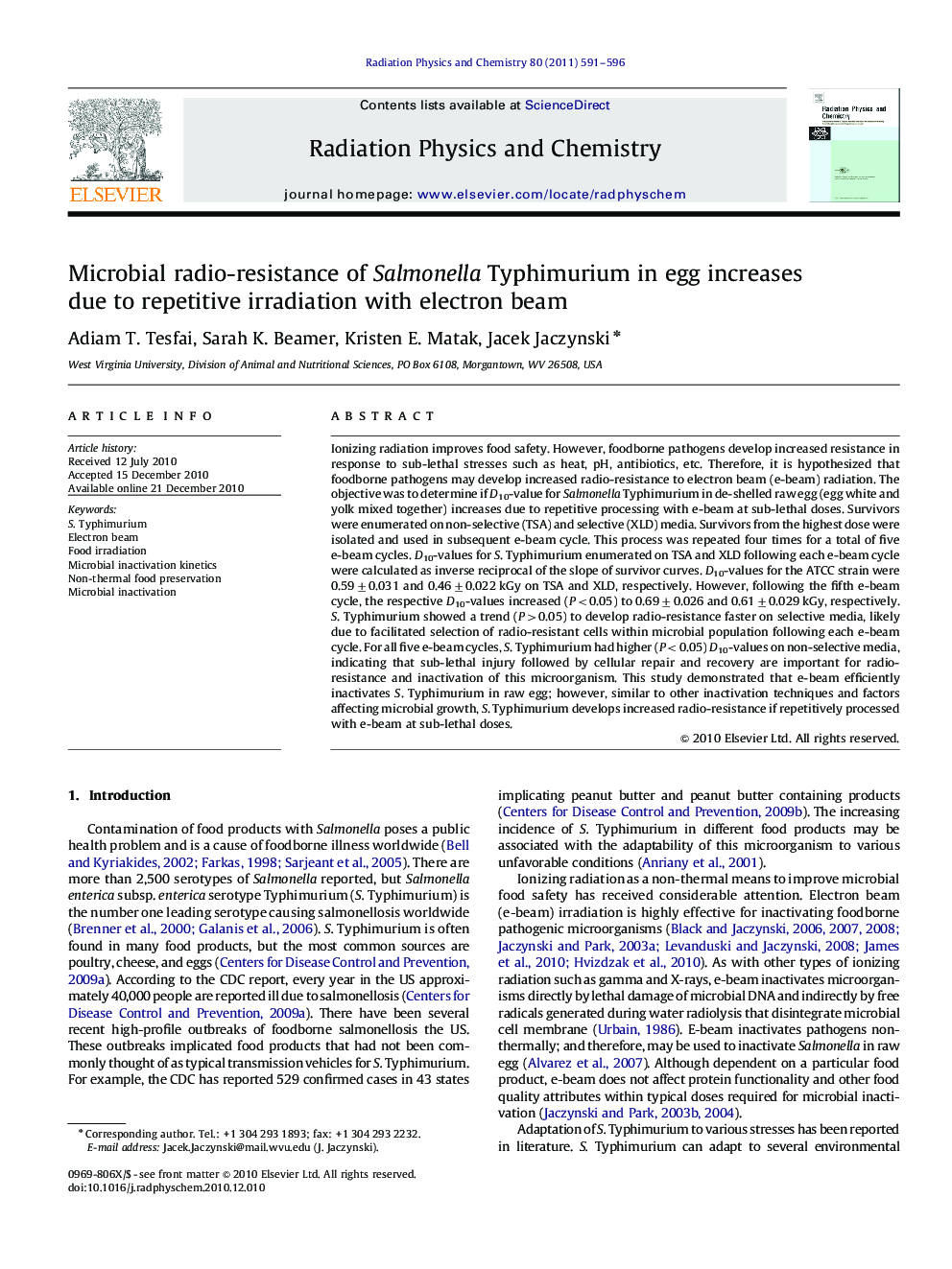 Microbial radio-resistance of Salmonella Typhimurium in egg increases due to repetitive irradiation with electron beam