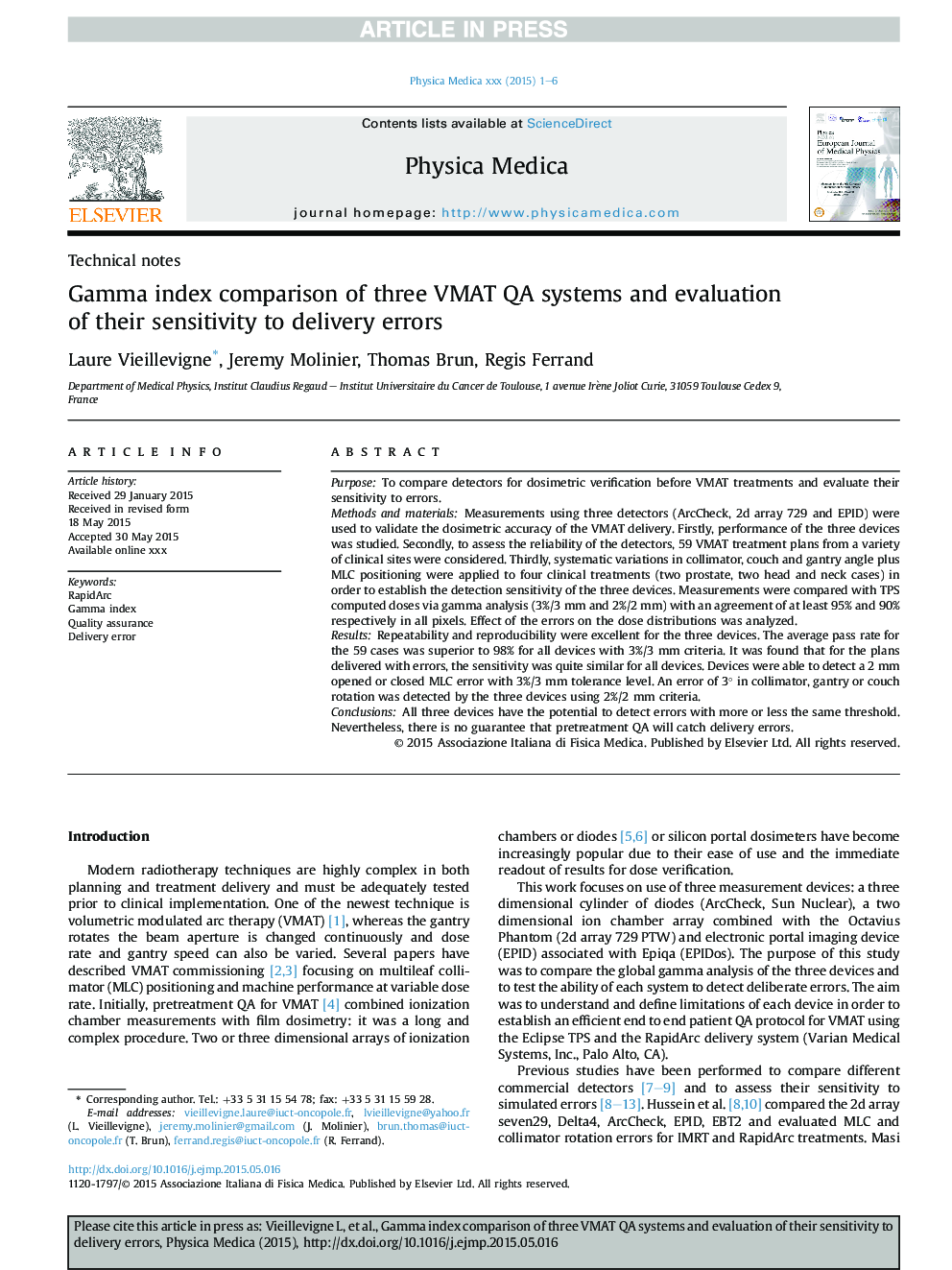 Gamma index comparison of three VMAT QA systems and evaluation of their sensitivity to delivery errors