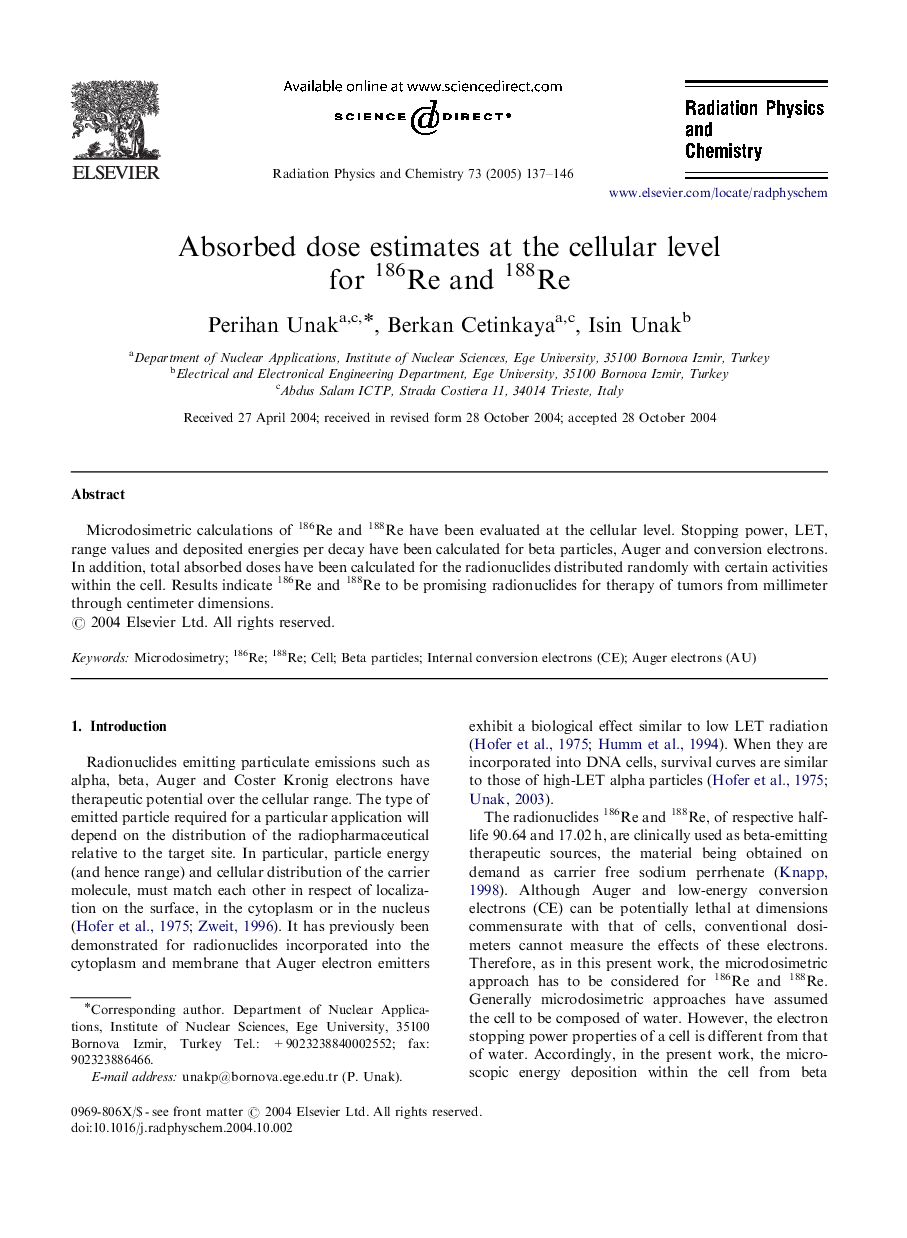 Absorbed dose estimates at the cellular level for 186Re and 188Re