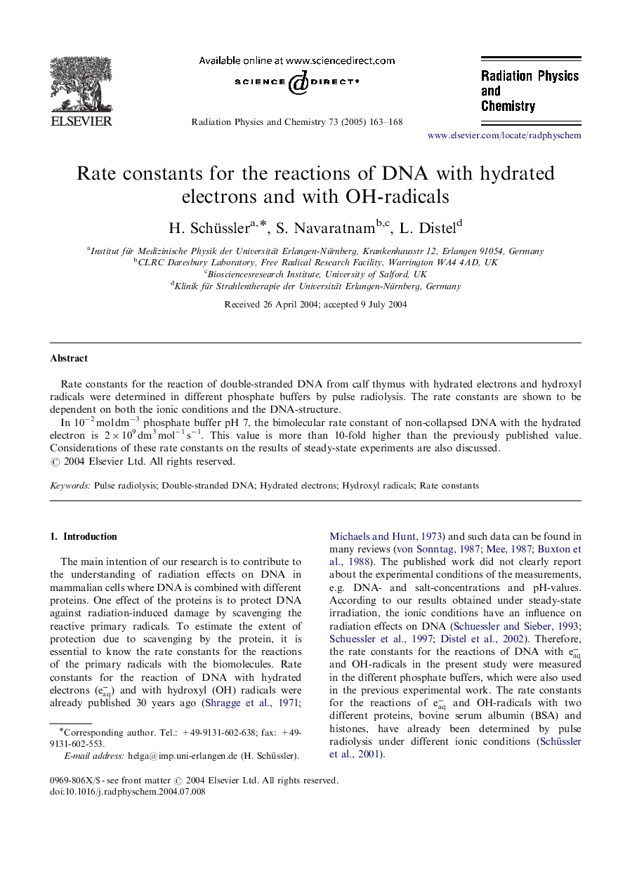 Rate constants for the reactions of DNA with hydrated electrons and with OH-radicals