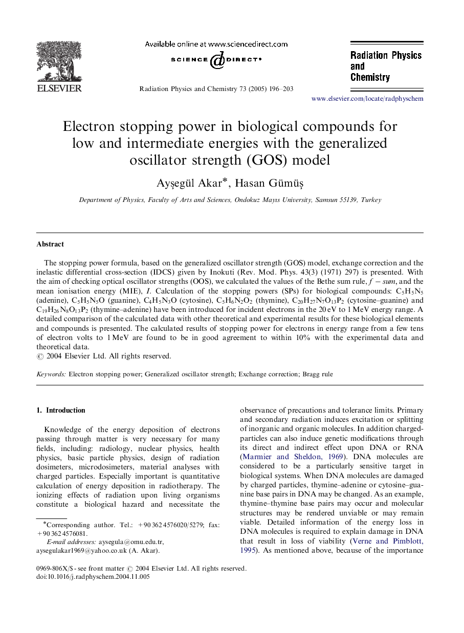 Electron stopping power in biological compounds for low and intermediate energies with the generalized oscillator strength (GOS) model