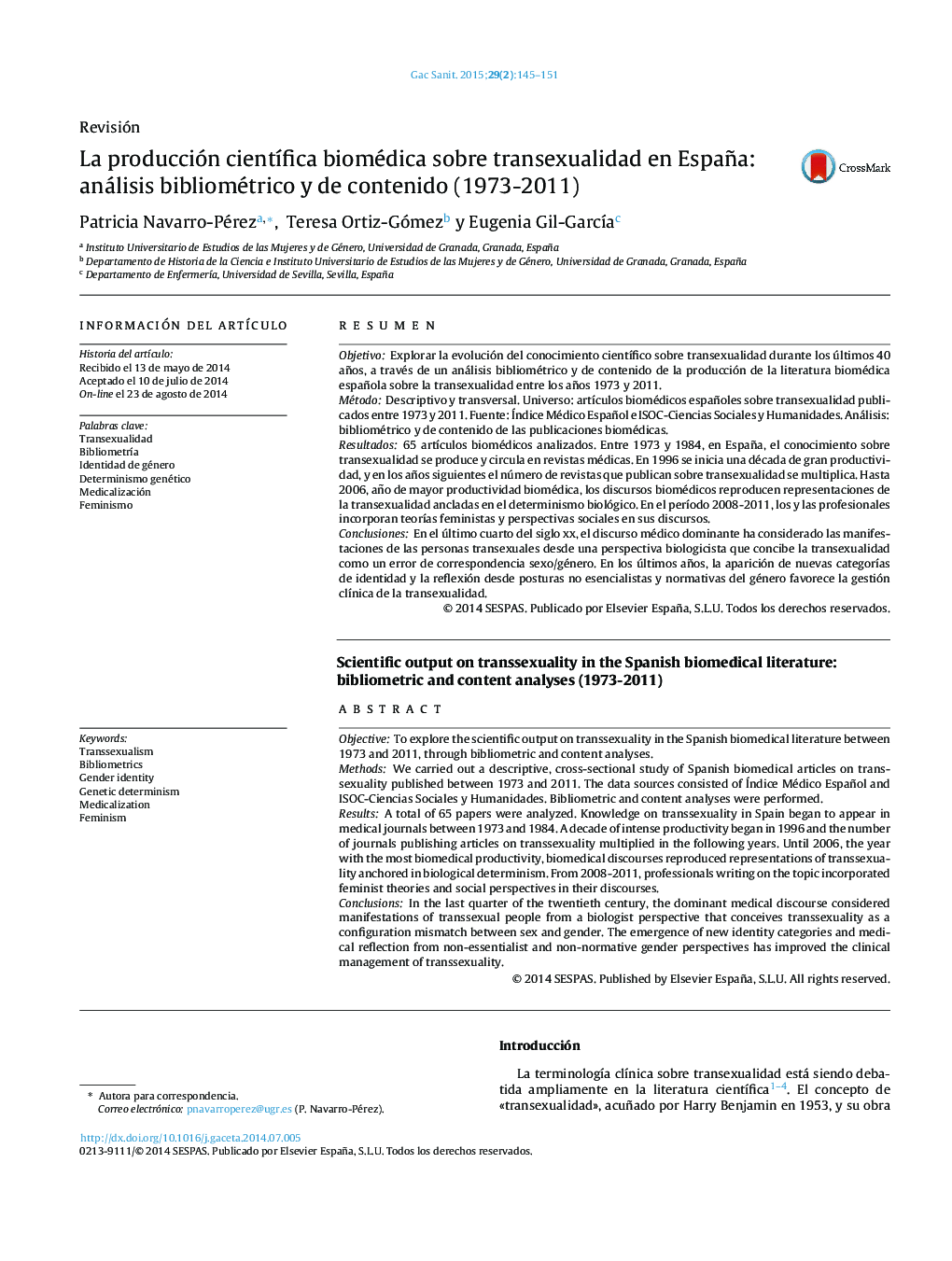 La producción científica biomédica sobre transexualidad en España: análisis bibliométrico y de contenido (1973-2011)