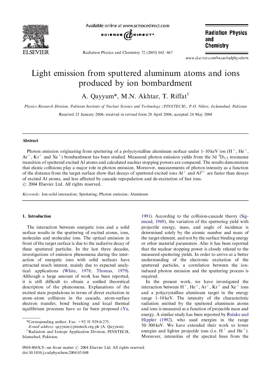 Light emission from sputtered aluminum atoms and ions produced by ion bombardment