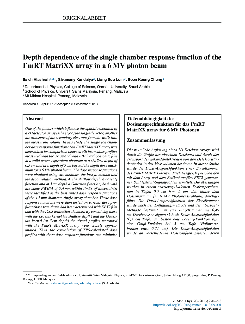 عکس صفحه اول مقاله: Depth dependence of the single chamber response function of the I'mRT MatriXX array in a 6 MV photon beam Depth dependence of the single chamber response function of the I'mRT MatriXX array in a 6 MV photon beam