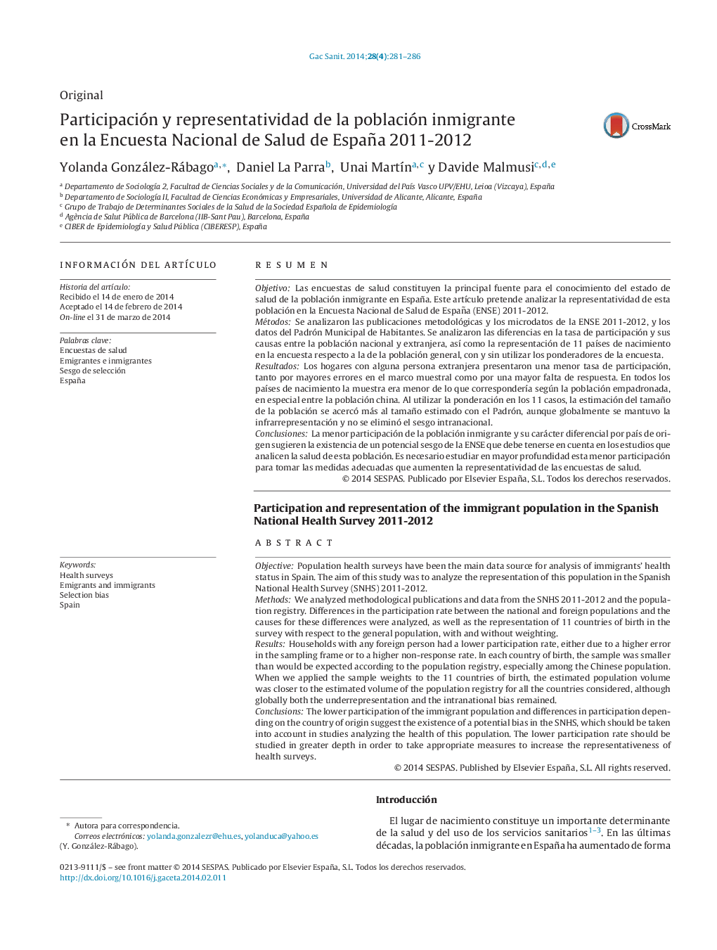 Participación y representatividad de la población inmigrante en la Encuesta Nacional de Salud de España 2011-2012