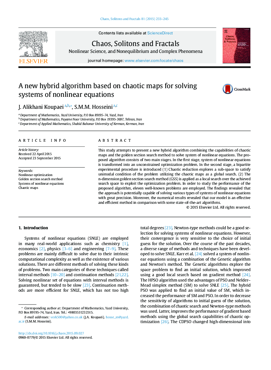 A new hybrid algorithm based on chaotic maps for solving systems of nonlinear equations