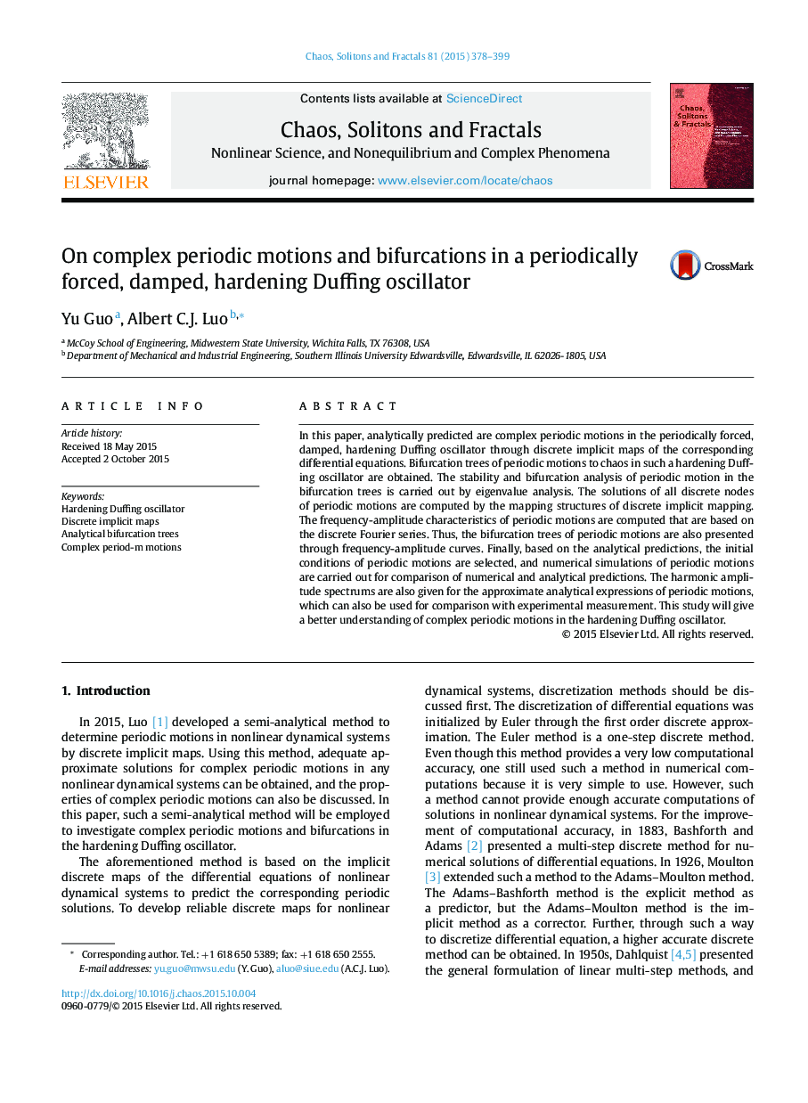 عکس صفحه اول مقاله: On complex periodic motions and bifurcations in a periodically forced, damped, hardening Duffing oscillator On complex periodic motions and bifurcations in a periodically forced, damped, hardening Duffing oscillator