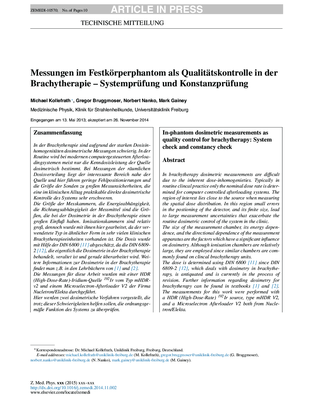 Messungen im Festkörperphantom als Qualitätskontrolle in der Brachytherapie - Systemprüfung und Konstanzprüfung