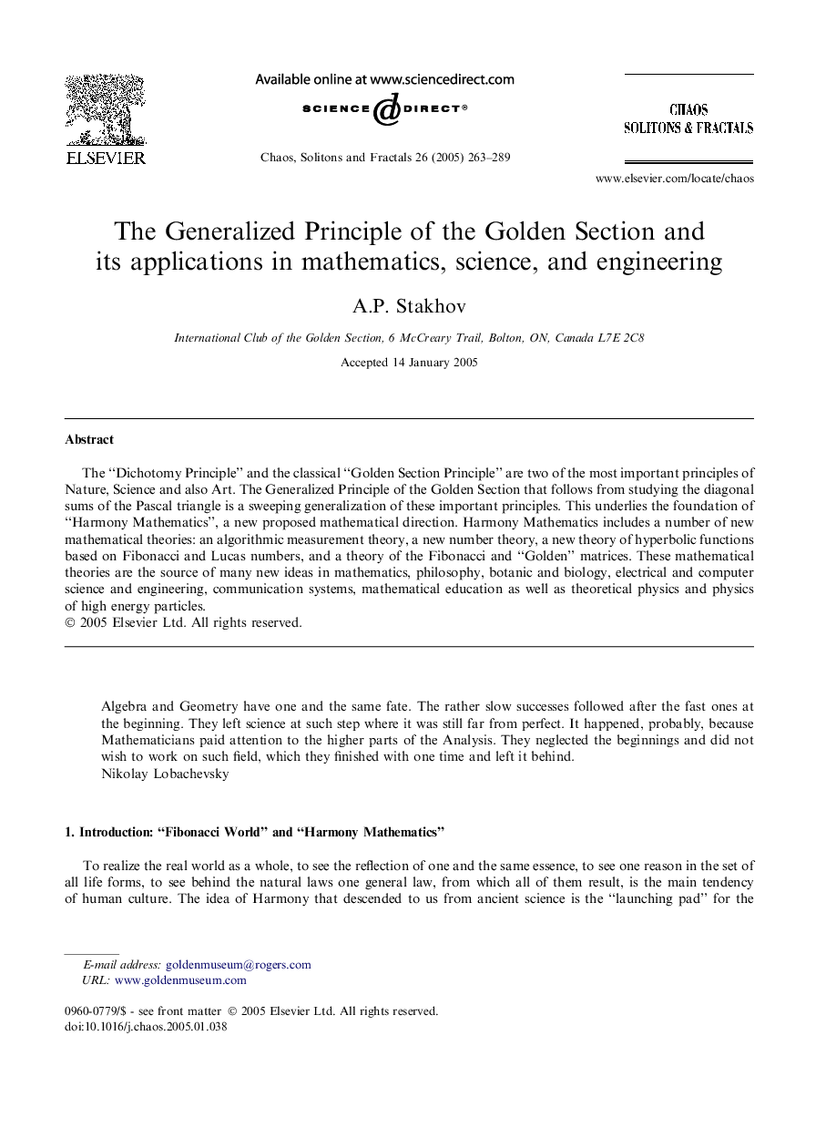 The Generalized Principle of the Golden Section and its applications in mathematics, science, and engineering