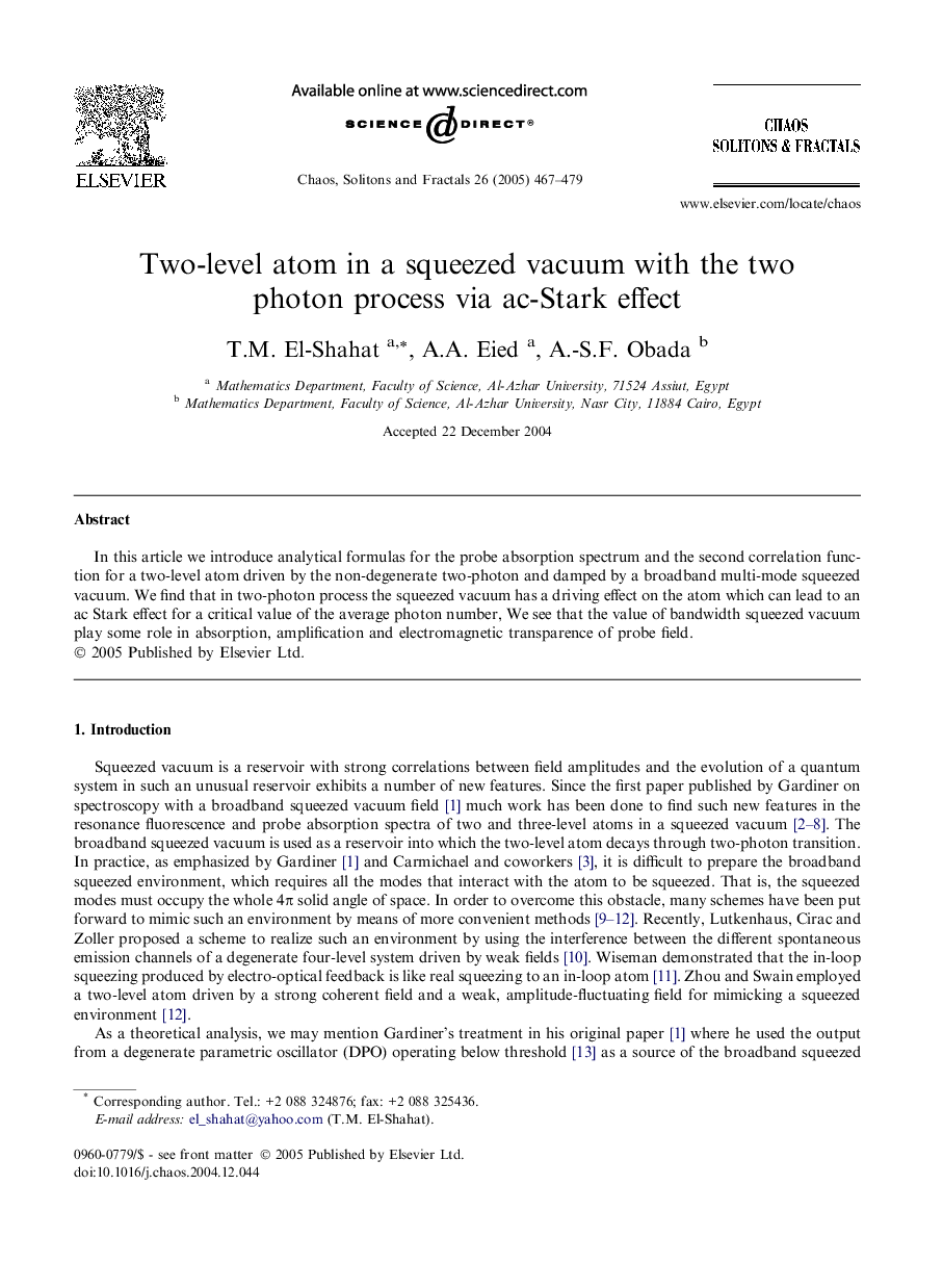 Two-level atom in a squeezed vacuum with the two photon process via ac-Stark effect