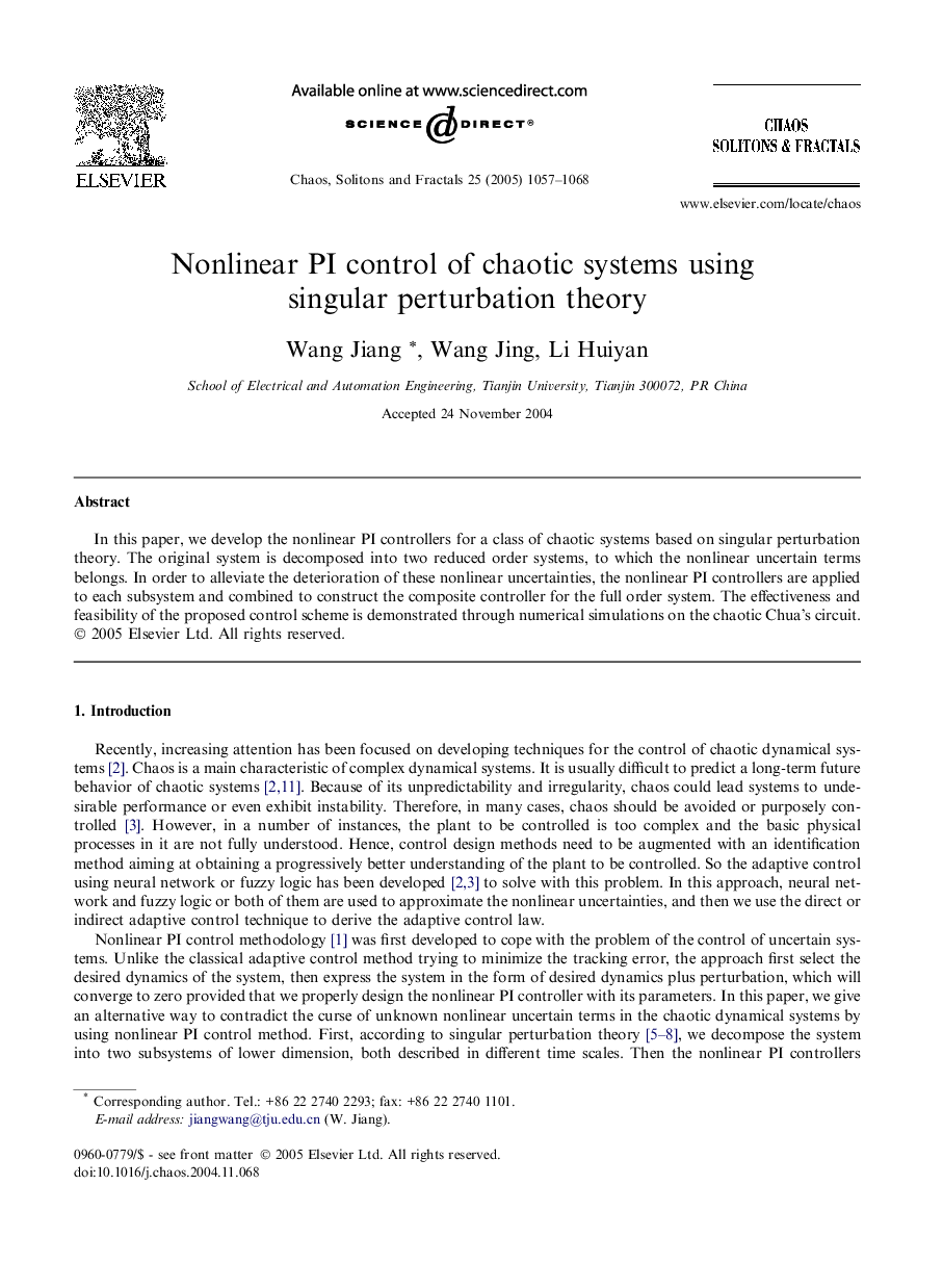 Nonlinear PI control of chaotic systems using singular perturbation theory