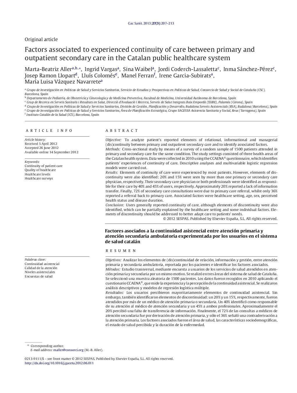 Factors associated to experienced continuity of care between primary and outpatient secondary care in the Catalan public healthcare system