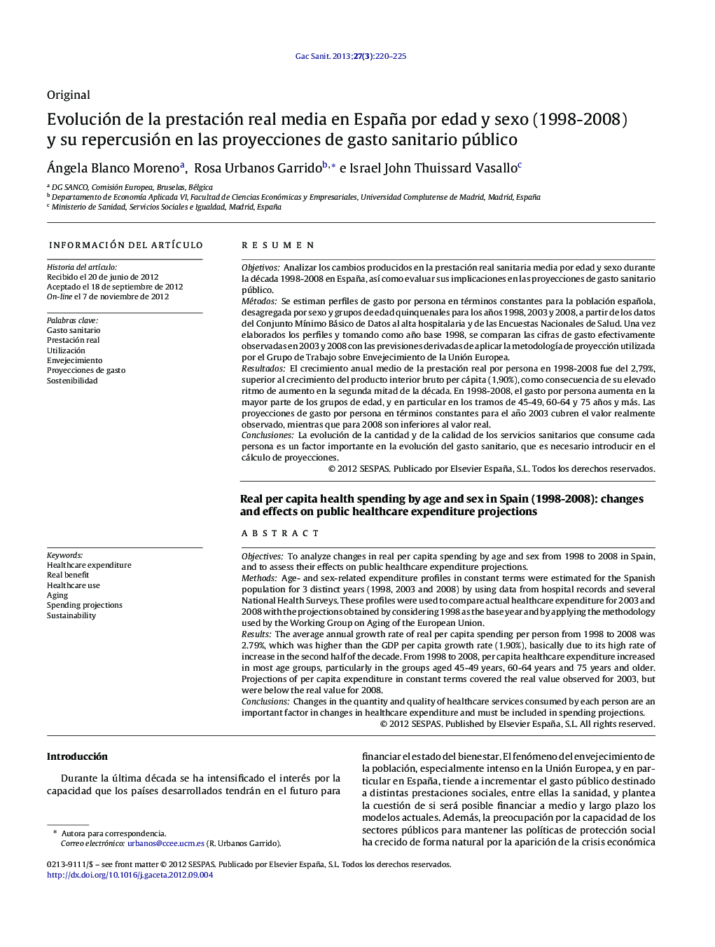 Evolución de la prestación real media en España por edad y sexo (1998-2008) y su repercusión en las proyecciones de gasto sanitario público