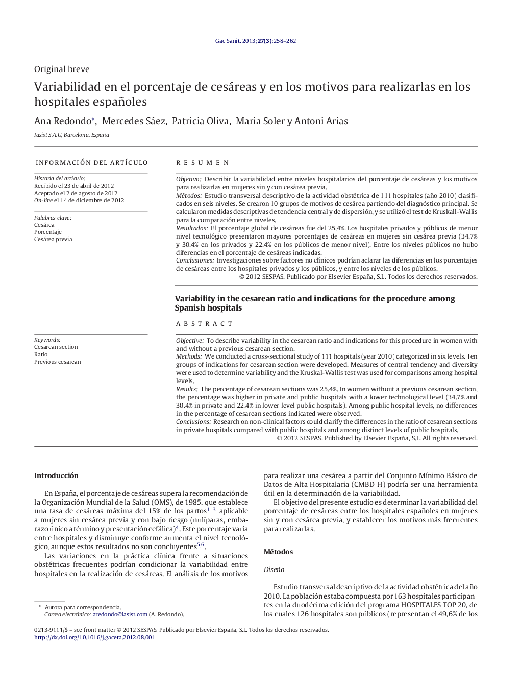 Variabilidad en el porcentaje de cesáreas y en los motivos para realizarlas en los hospitales españoles