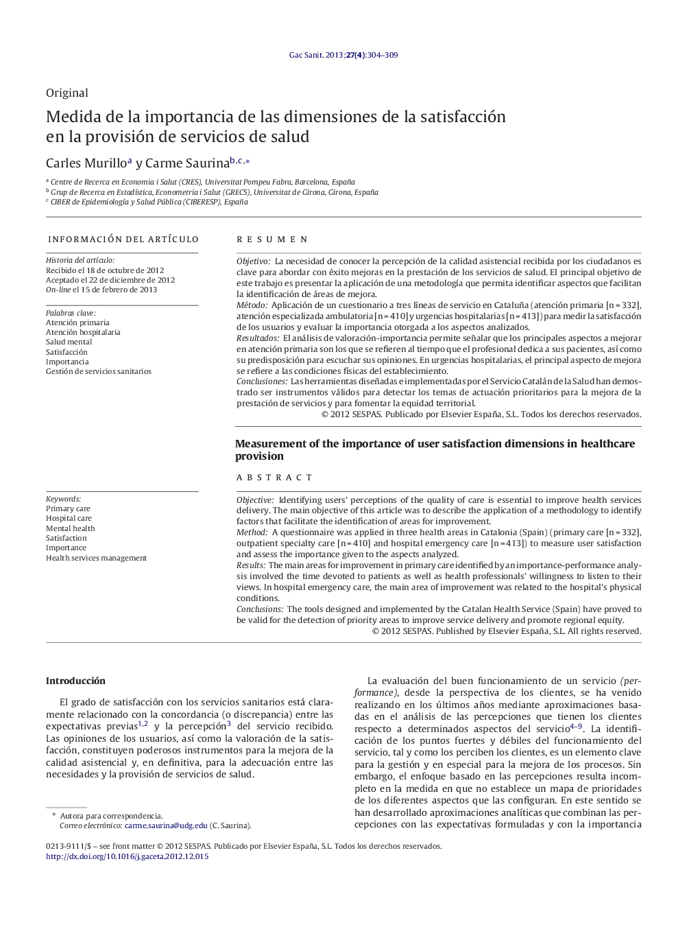 Medida de la importancia de las dimensiones de la satisfacción en la provisión de servicios de salud