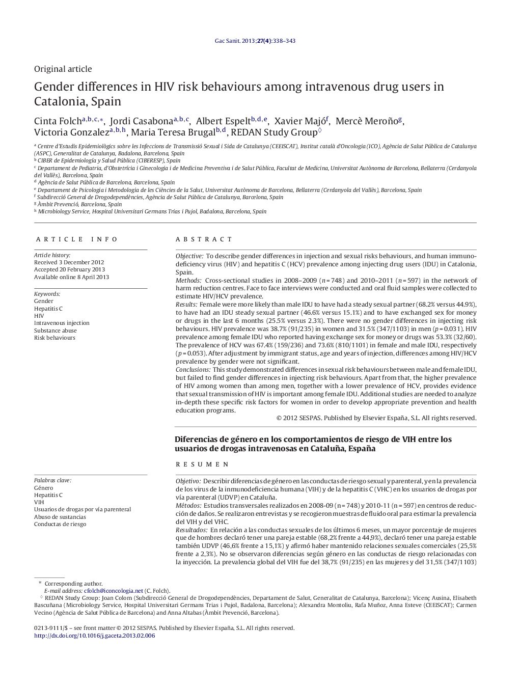 Gender differences in HIV risk behaviours among intravenous drug users in Catalonia, Spain