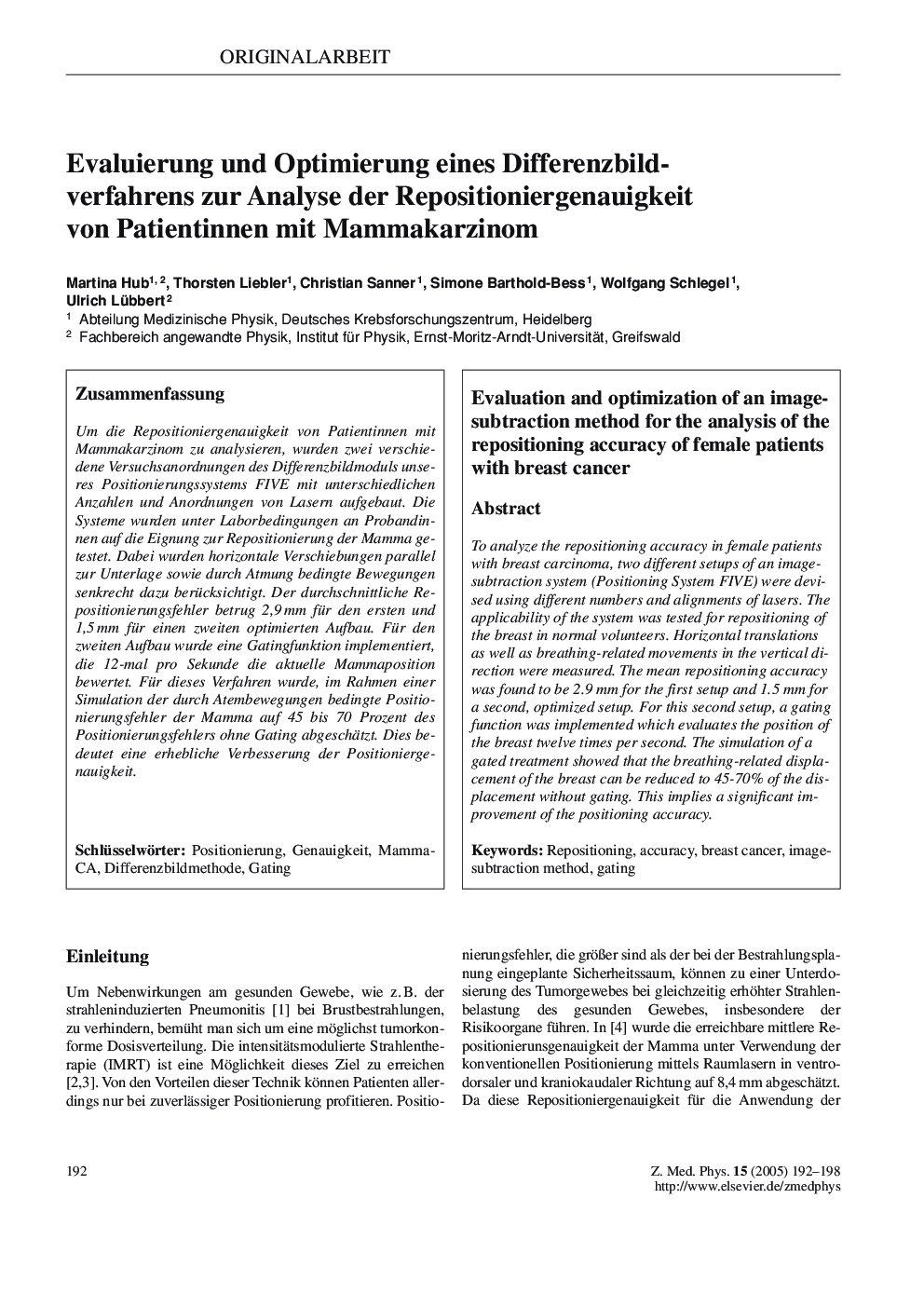Evaluierung und Optimierung eines Differenzbildverfahrens zur Analyse der Repositioniergenauigkeit von Patientinnen mit Mammakarzinom