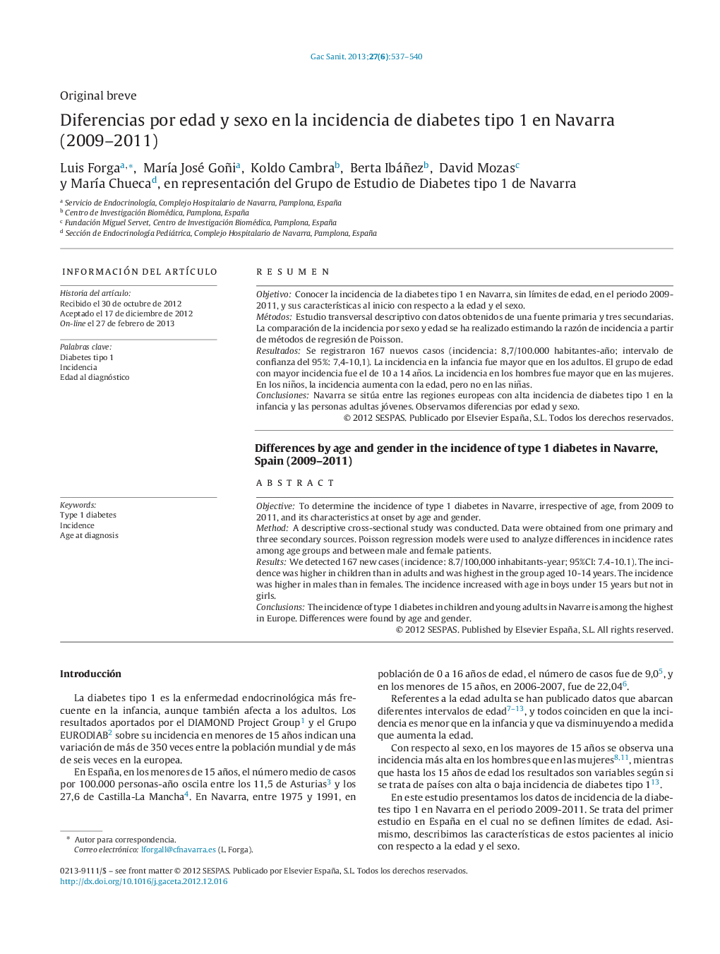 Diferencias por edad y sexo en la incidencia de diabetes tipo 1 en Navarra (2009–2011)