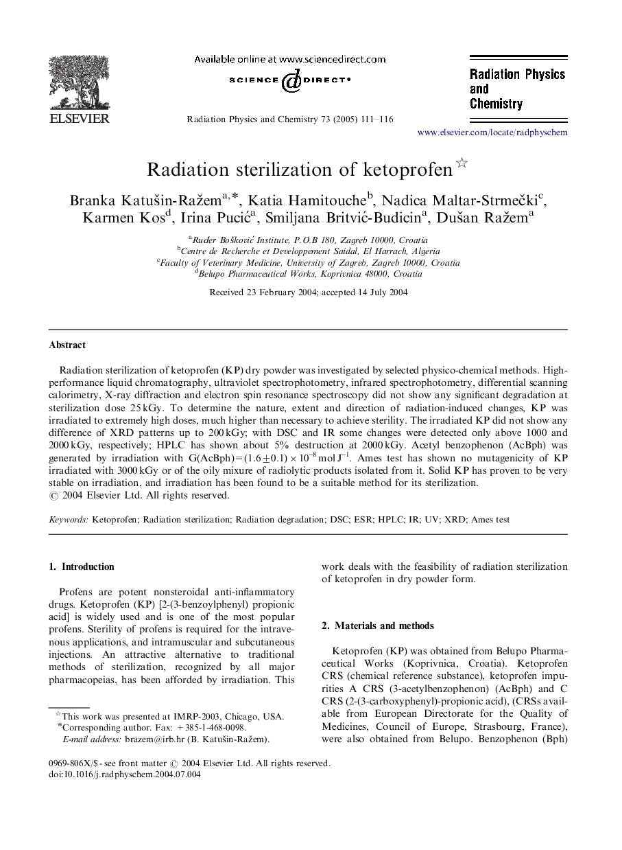 Radiation sterilization of ketoprofen