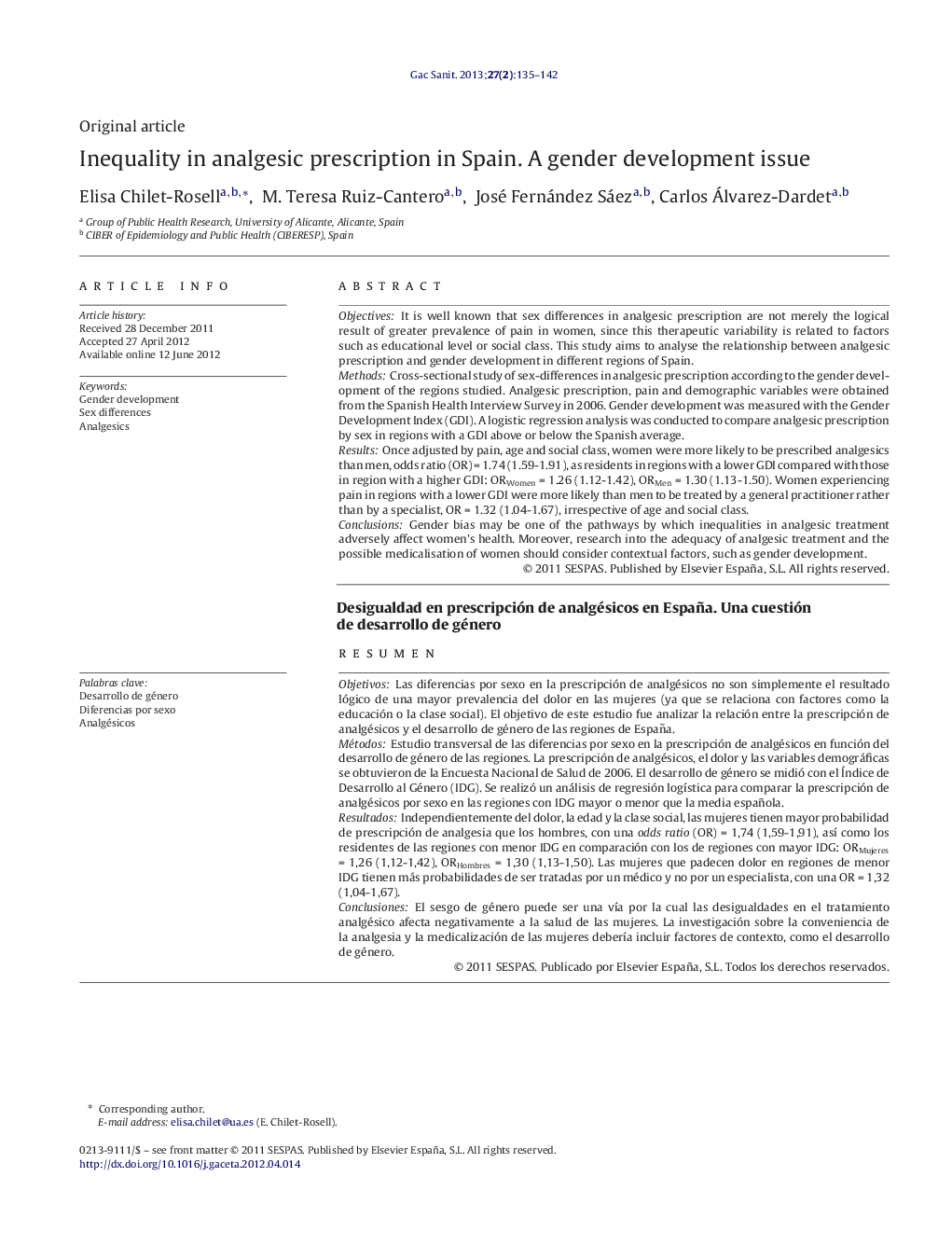 Inequality in analgesic prescription in Spain. A gender development issue