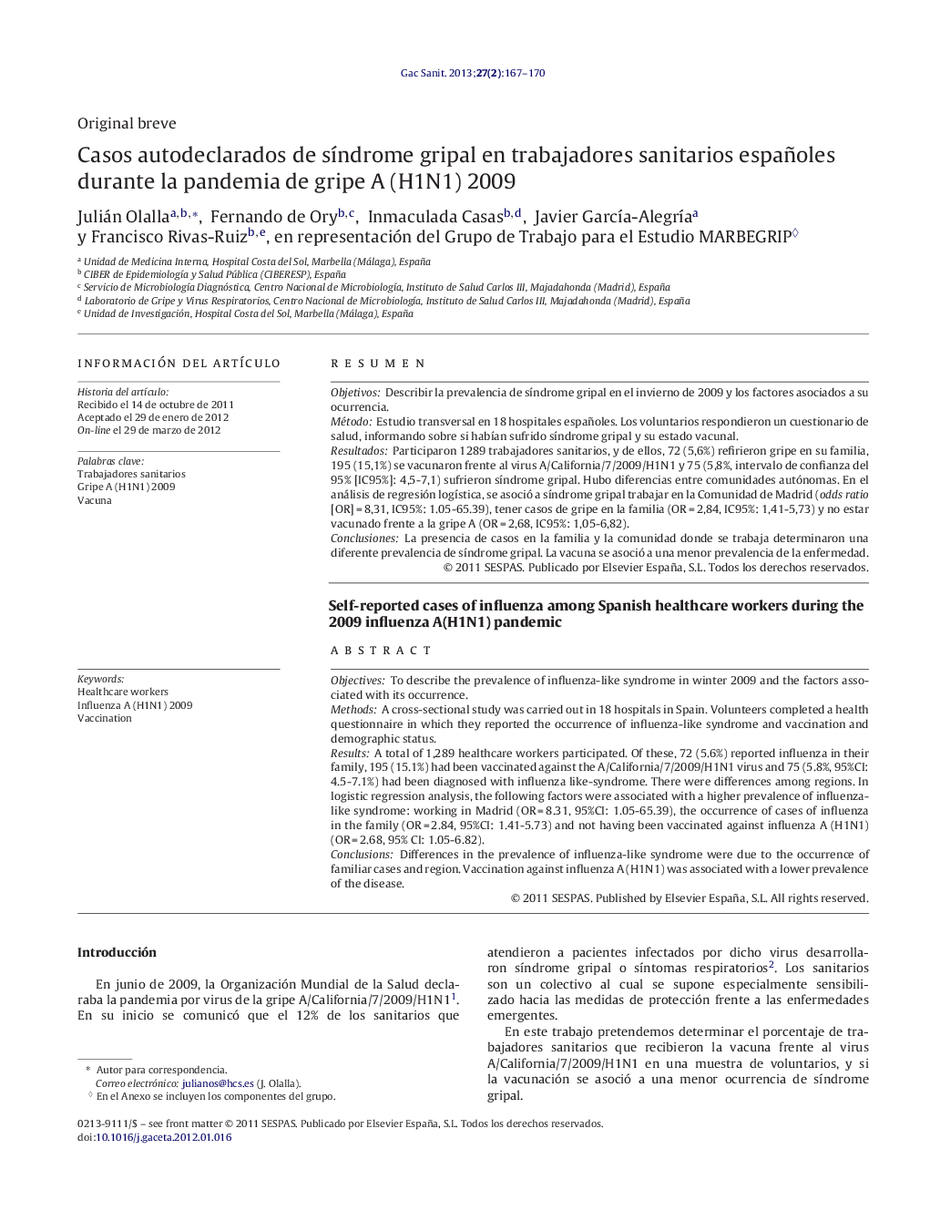 Casos autodeclarados de síndrome gripal en trabajadores sanitarios españoles durante la pandemia de gripe A (H1N1) 2009