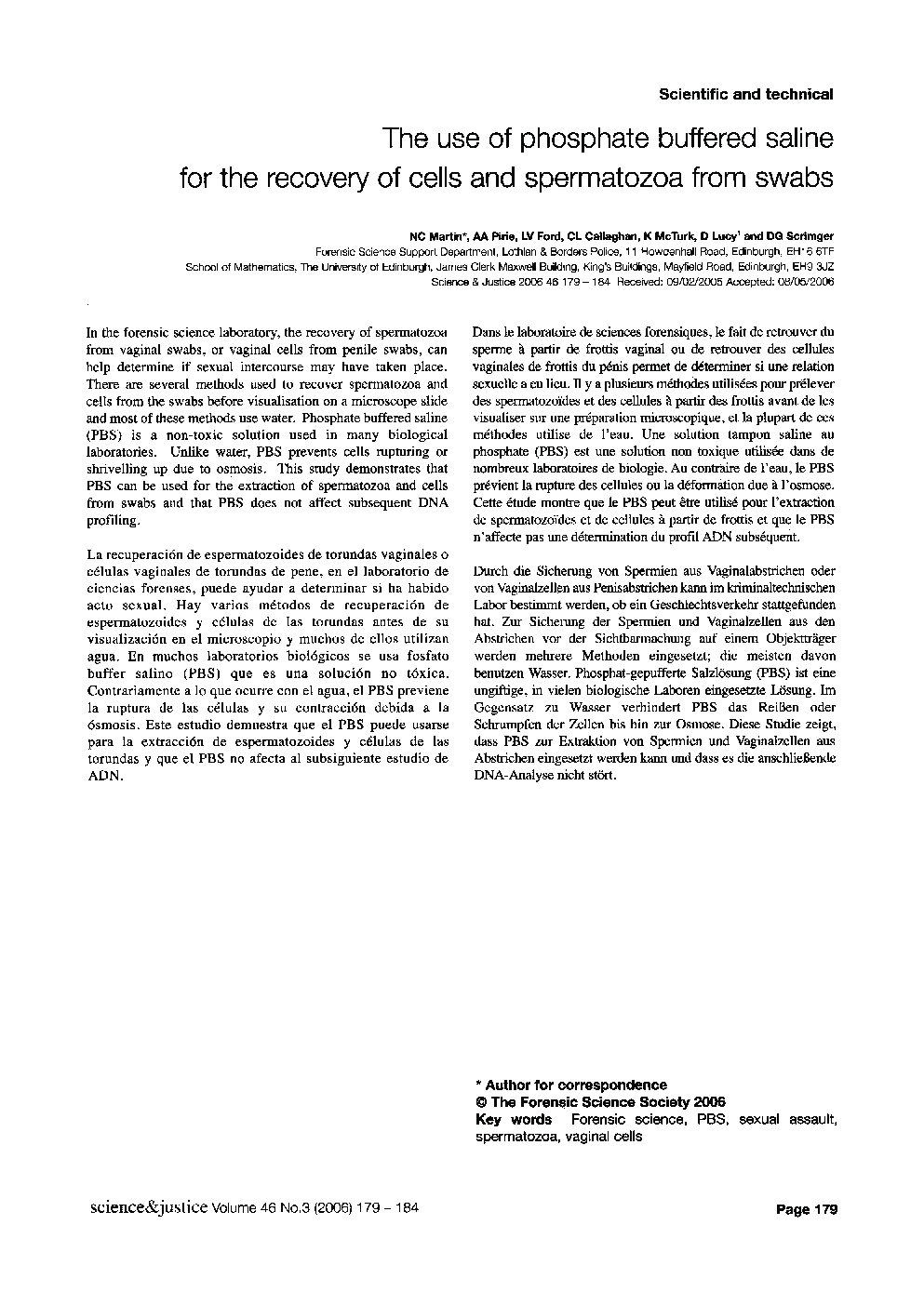 The use of phosphate buffered saline for the recovery of cells and spermatozoa from swabs