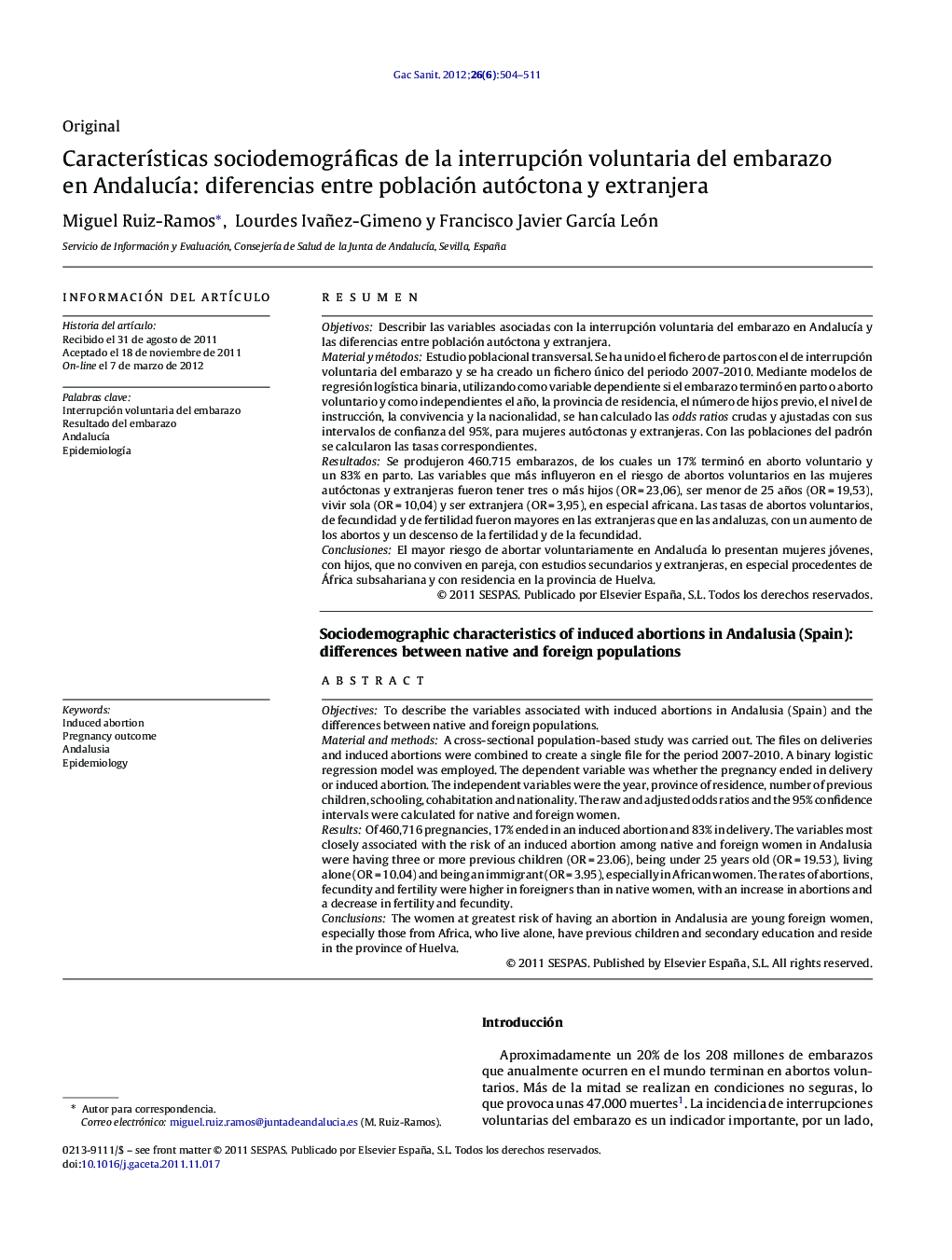 Características sociodemográficas de la interrupción voluntaria del embarazo en Andalucía: diferencias entre población autóctona y extranjera