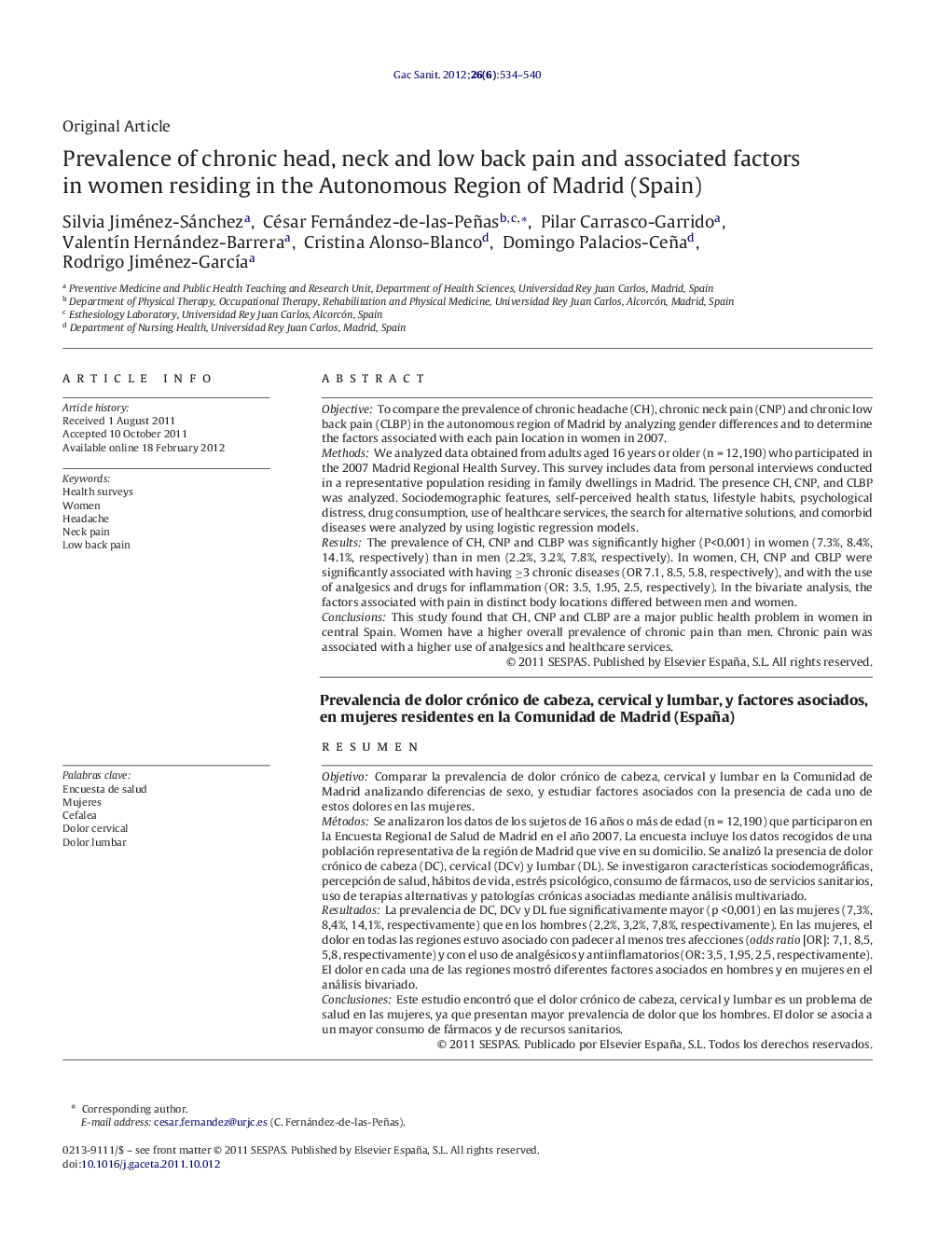 Prevalence of chronic head, neck and low back pain and associated factors in women residing in the Autonomous Region of Madrid (Spain)