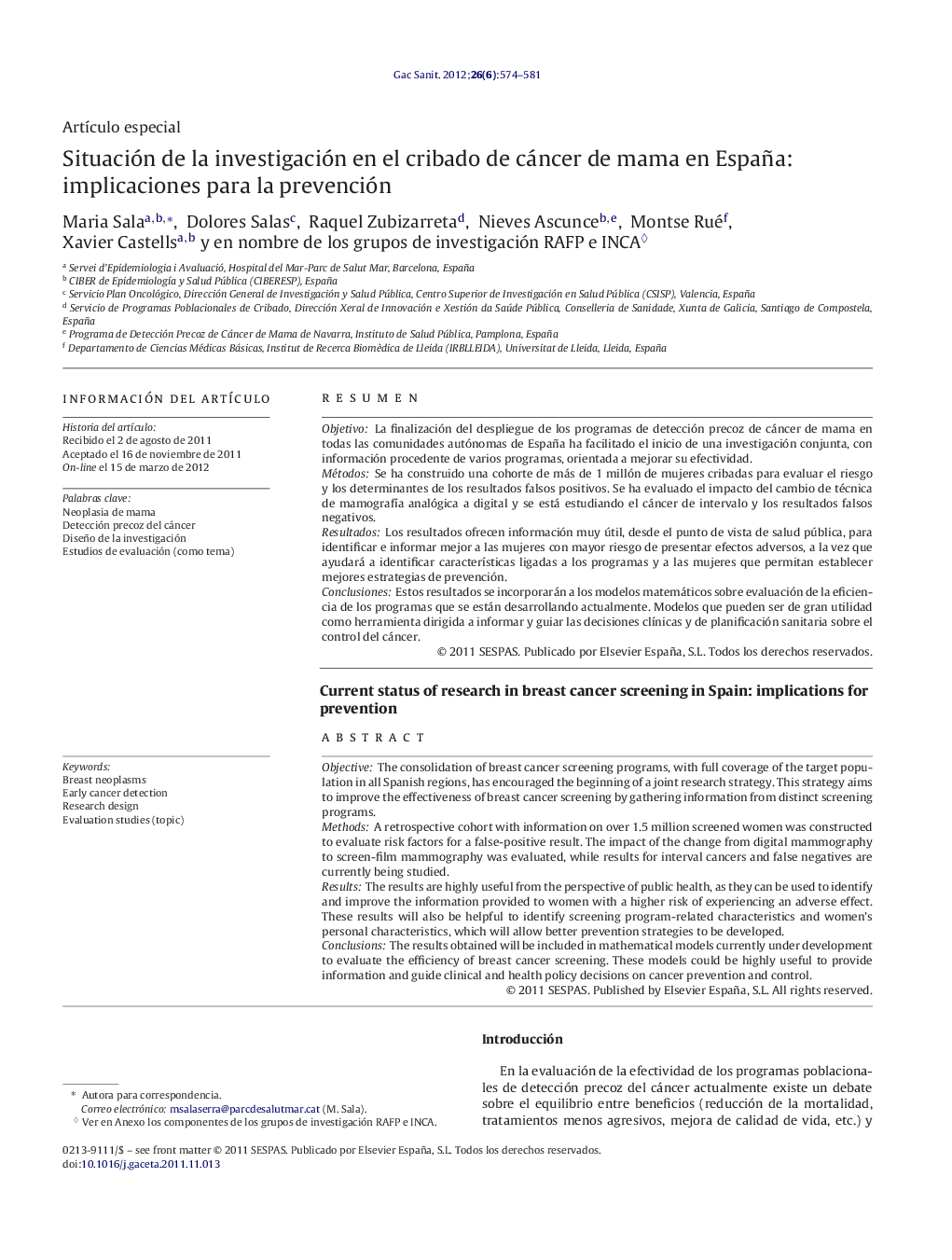 Situación de la investigación en el cribado de cáncer de mama en España: implicaciones para la prevención