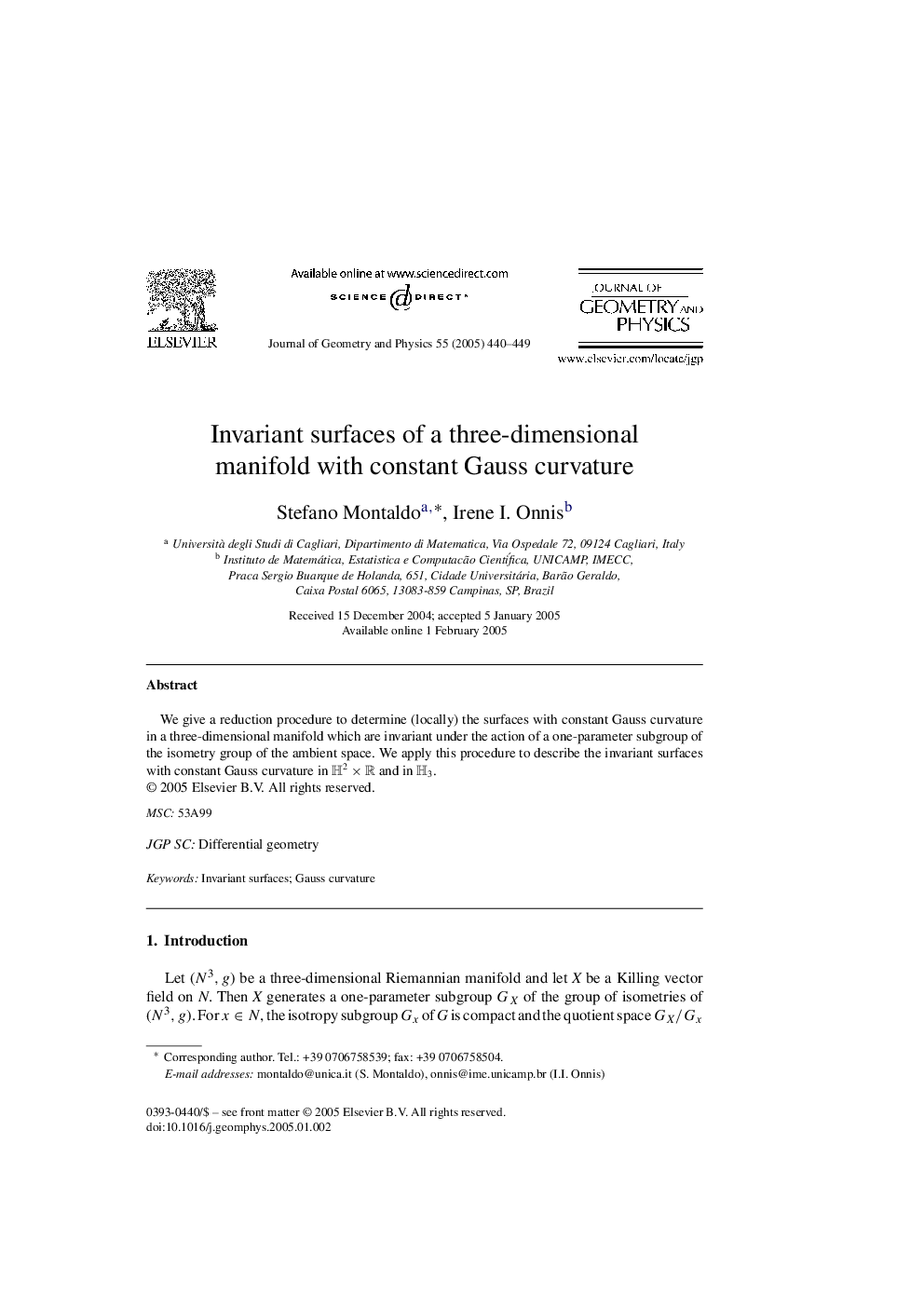 Invariant surfaces of a three-dimensional manifold with constant Gauss curvature