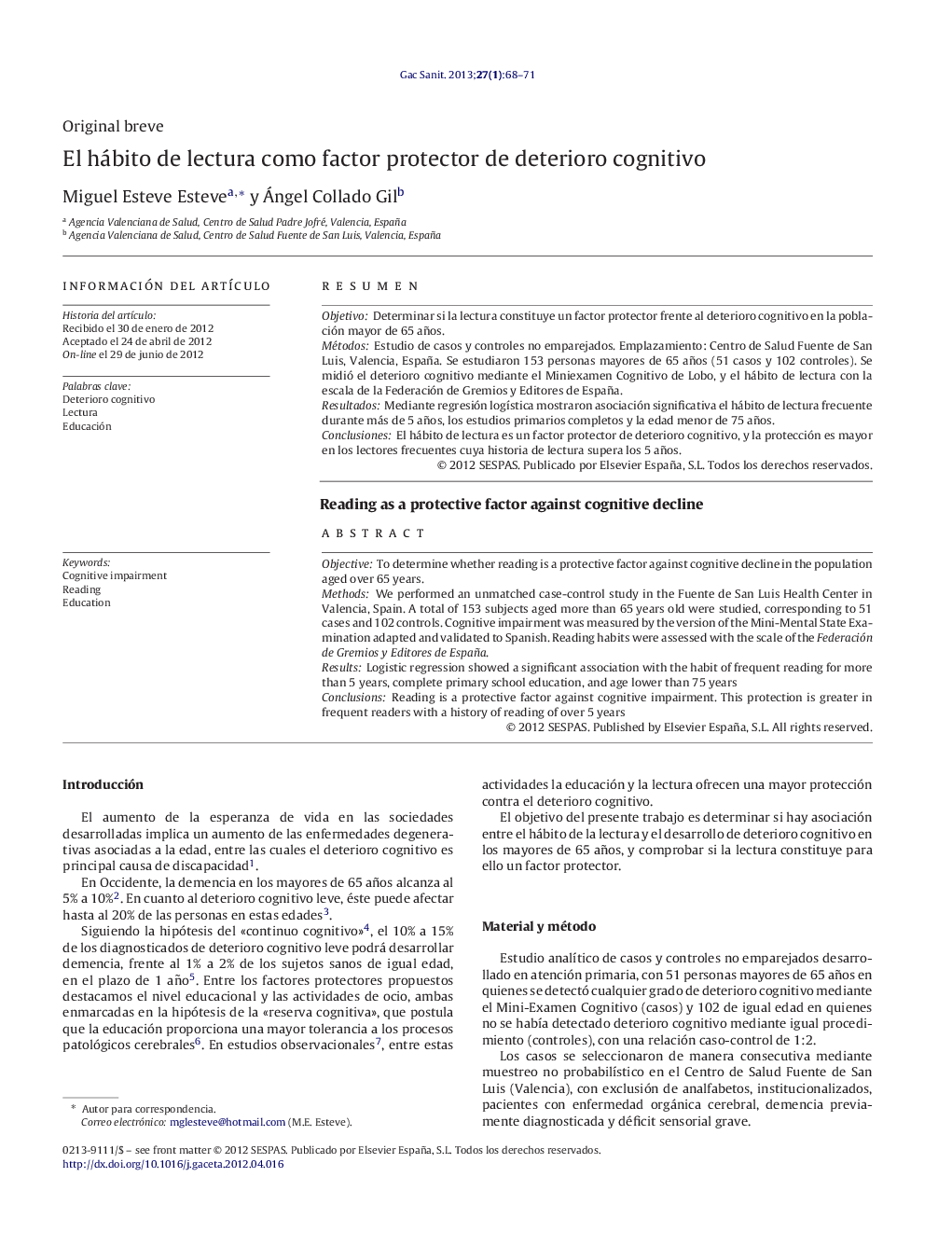 El hábito de lectura como factor protector de deterioro cognitivo