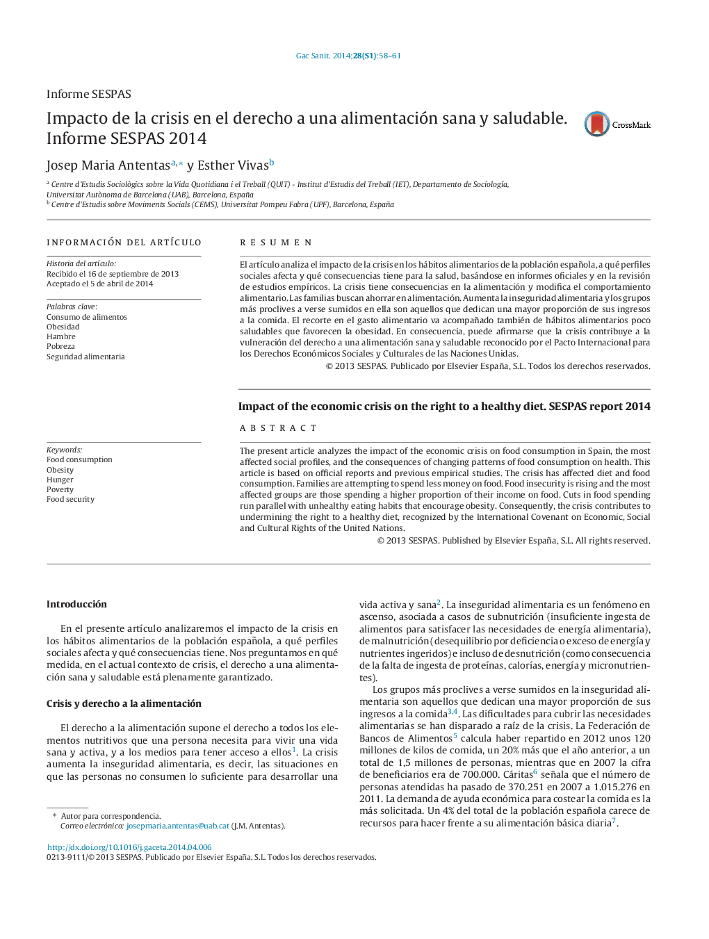 Impacto de la crisis en el derecho a una alimentación sana y saludable. Informe SESPAS 2014