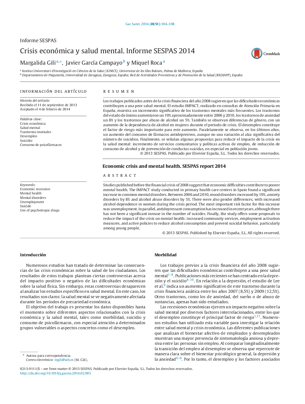 Crisis económica y salud mental. Informe SESPAS 2014