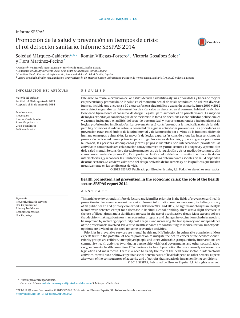 Promoción de la salud y prevención en tiempos de crisis: el rol del sector sanitario. Informe SESPAS 2014