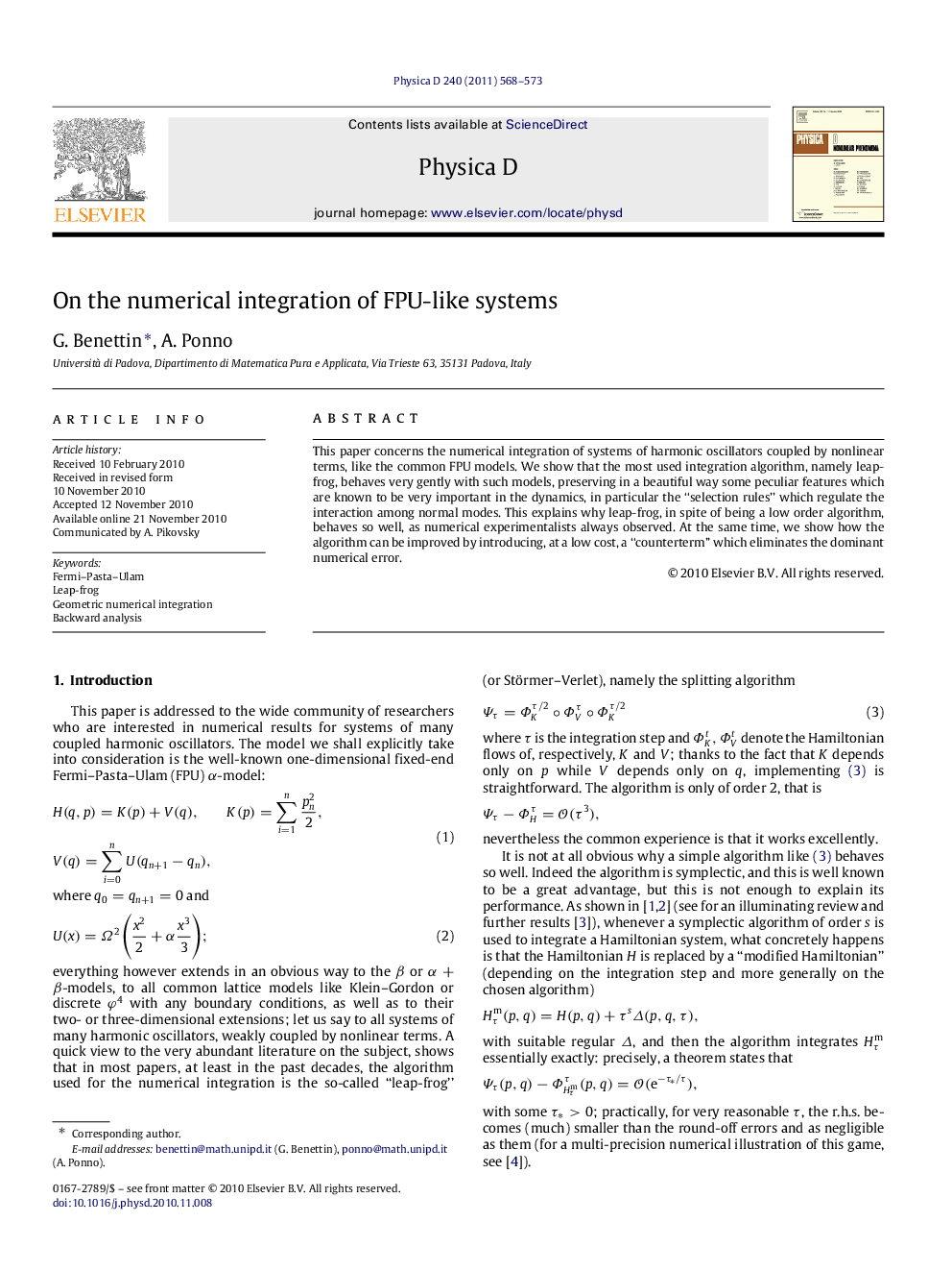 On the numerical integration of FPU-like systems