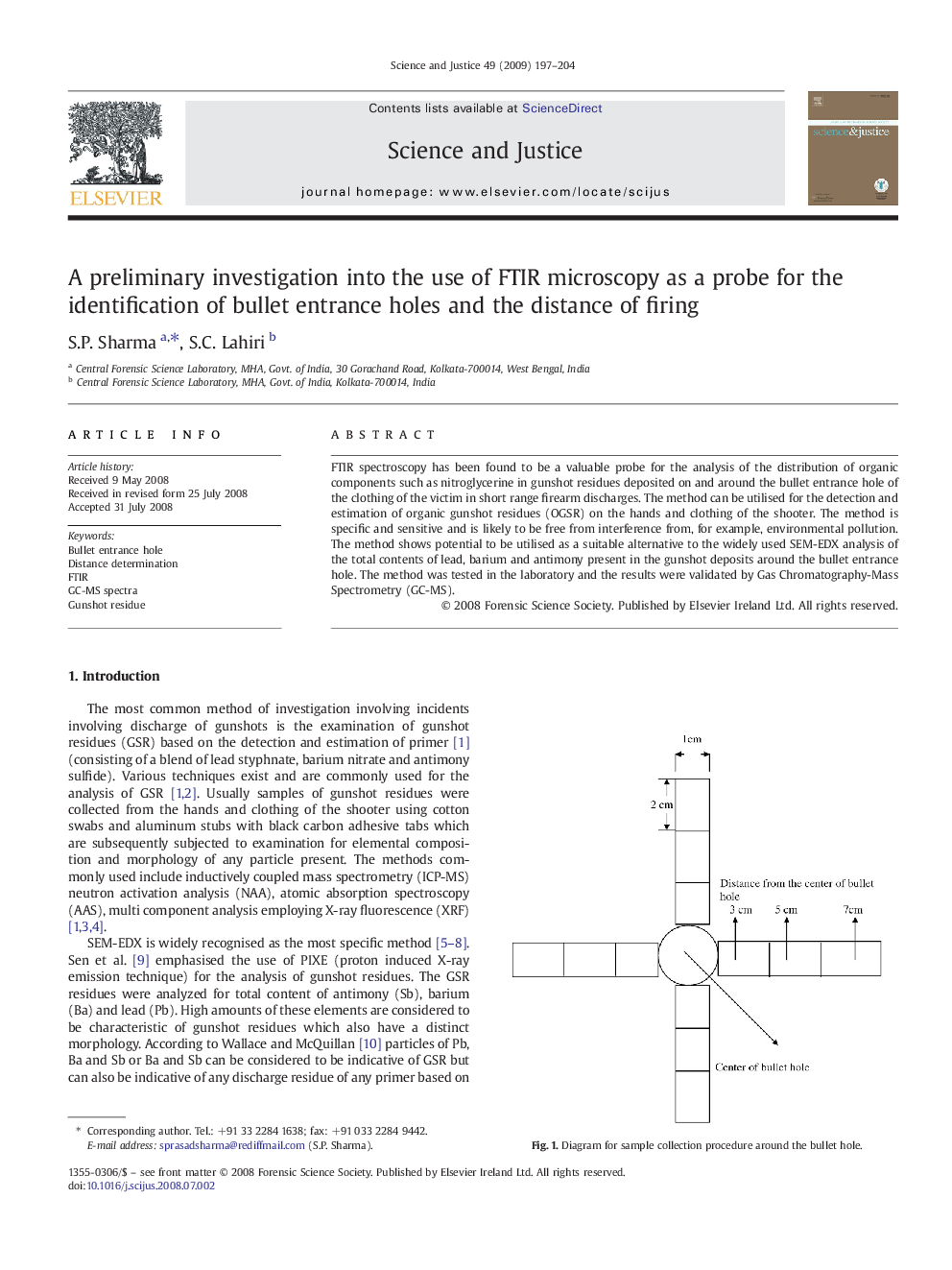 A preliminary investigation into the use of FTIR microscopy as a probe for the identification of bullet entrance holes and the distance of firing