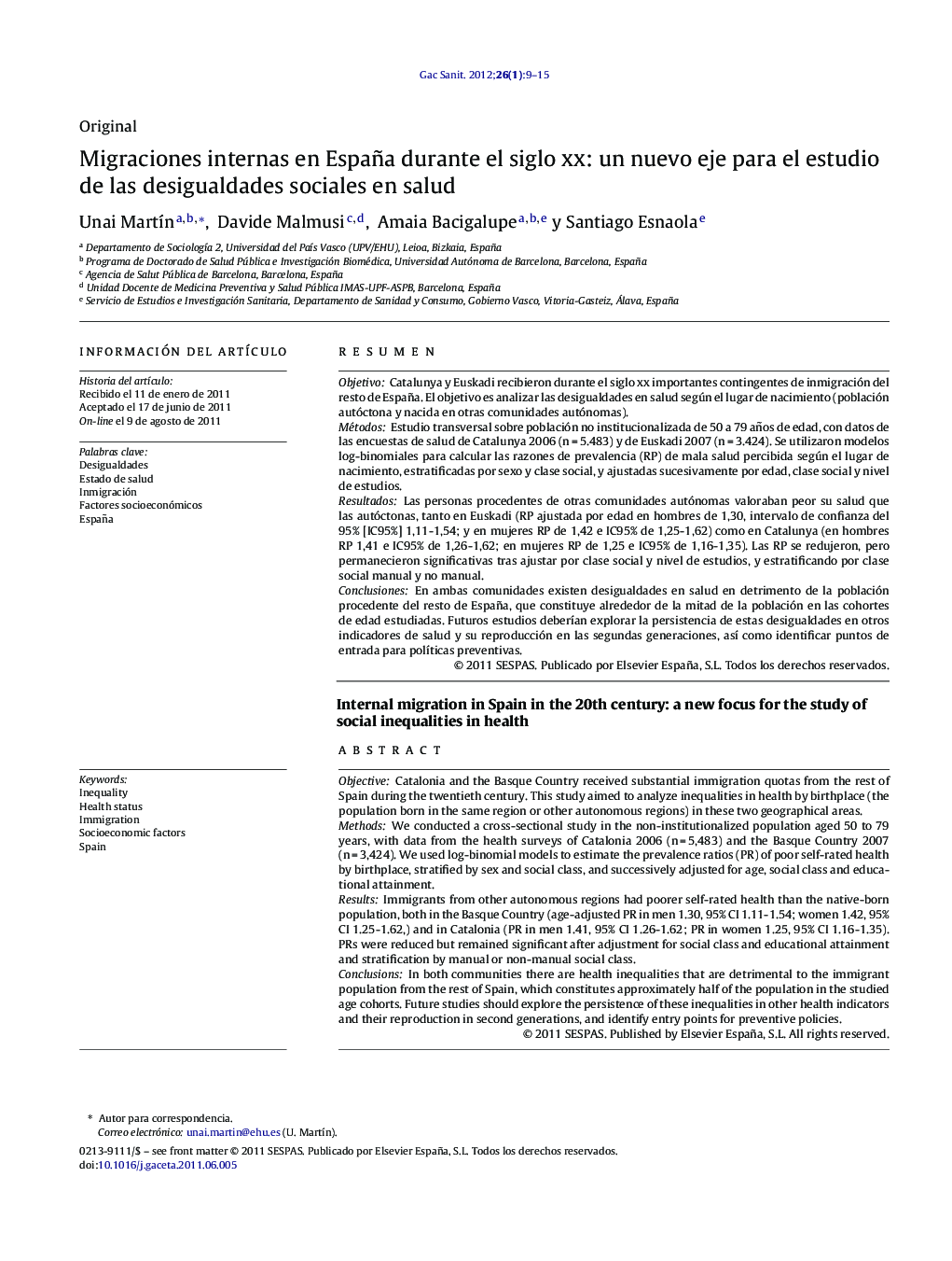 Migraciones internas en España durante el siglo xx: un nuevo eje para el estudio de las desigualdades sociales en salud