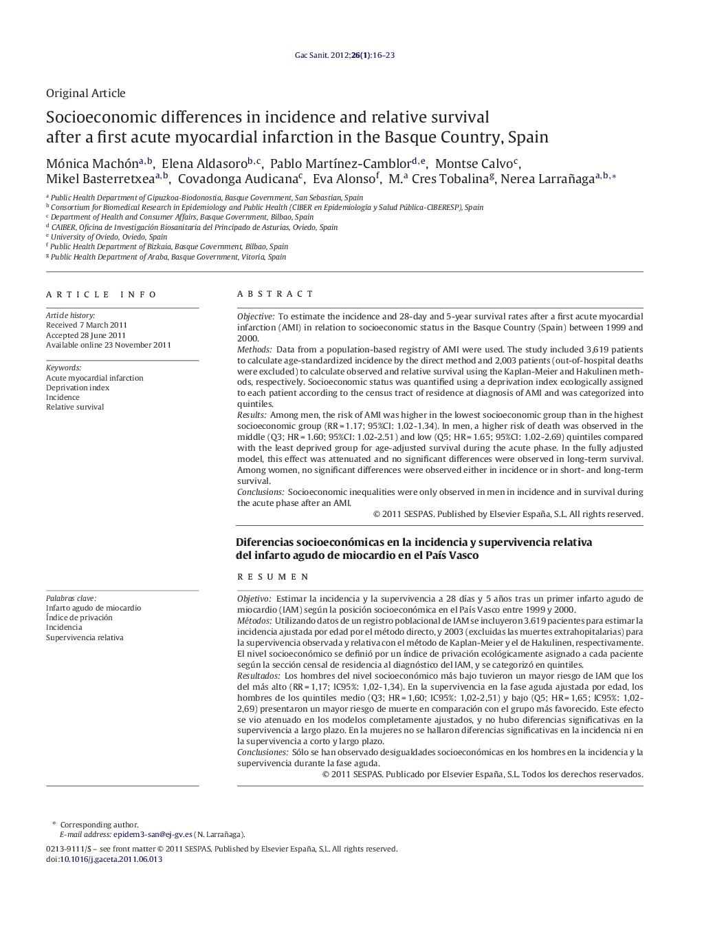 Socioeconomic differences in incidence and relative survival after a first acute myocardial infarction in the Basque Country, Spain