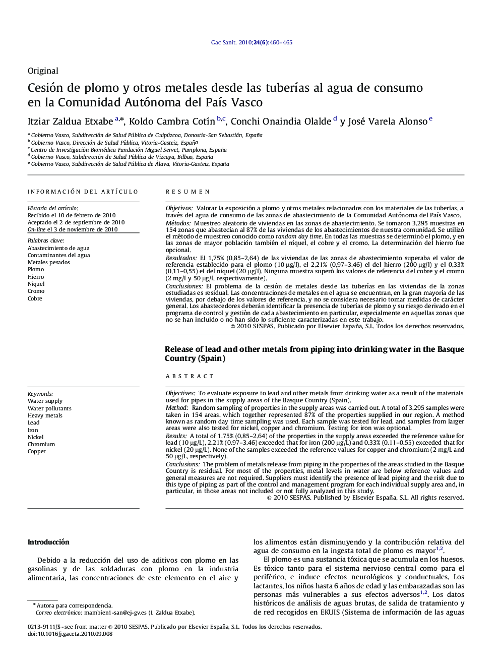 Cesión de plomo y otros metales desde las tuberÃ­as al agua de consumo en la Comunidad Autónoma del PaÃ­s Vasco