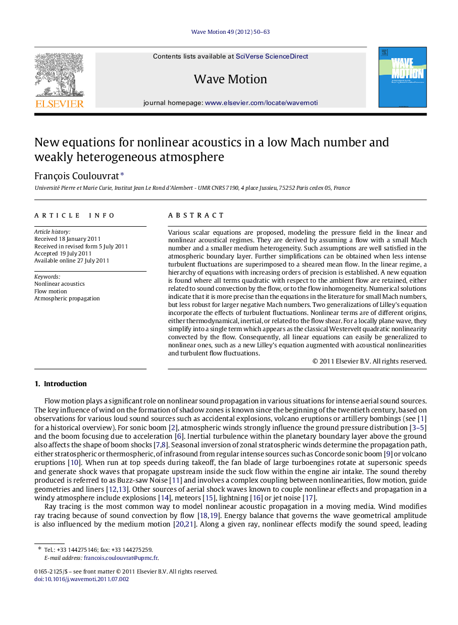 New equations for nonlinear acoustics in a low Mach number and weakly heterogeneous atmosphere