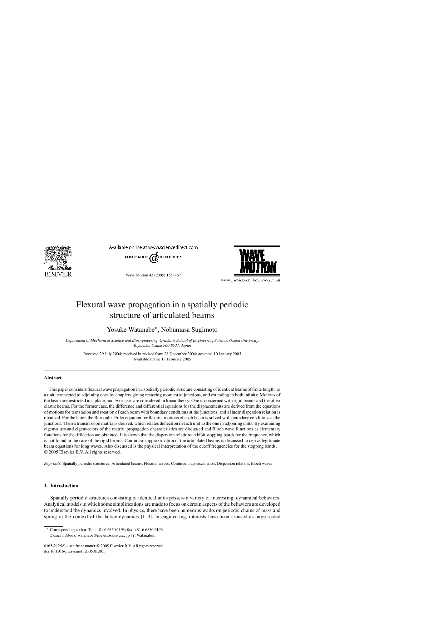 Flexural wave propagation in a spatially periodic structure of articulated beams