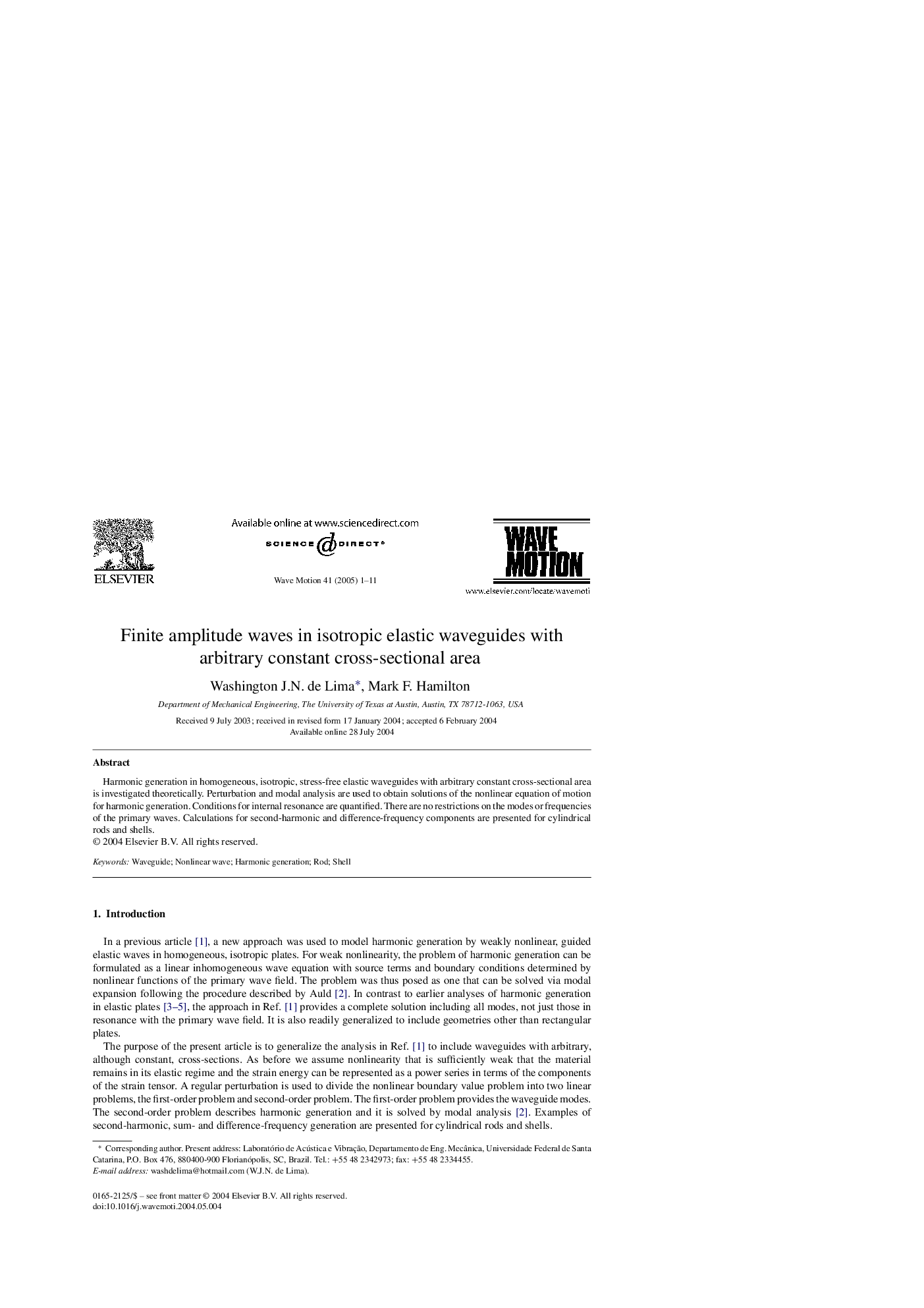 Finite amplitude waves in isotropic elastic waveguides with arbitrary constant cross-sectional area