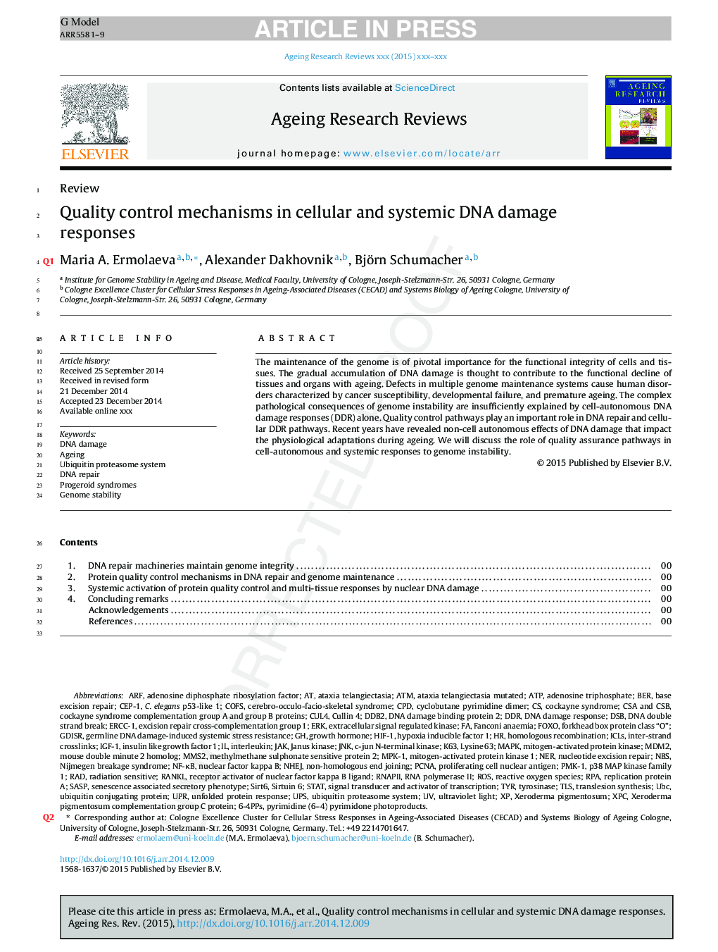 Quality control mechanisms in cellular and systemic DNA damage responses